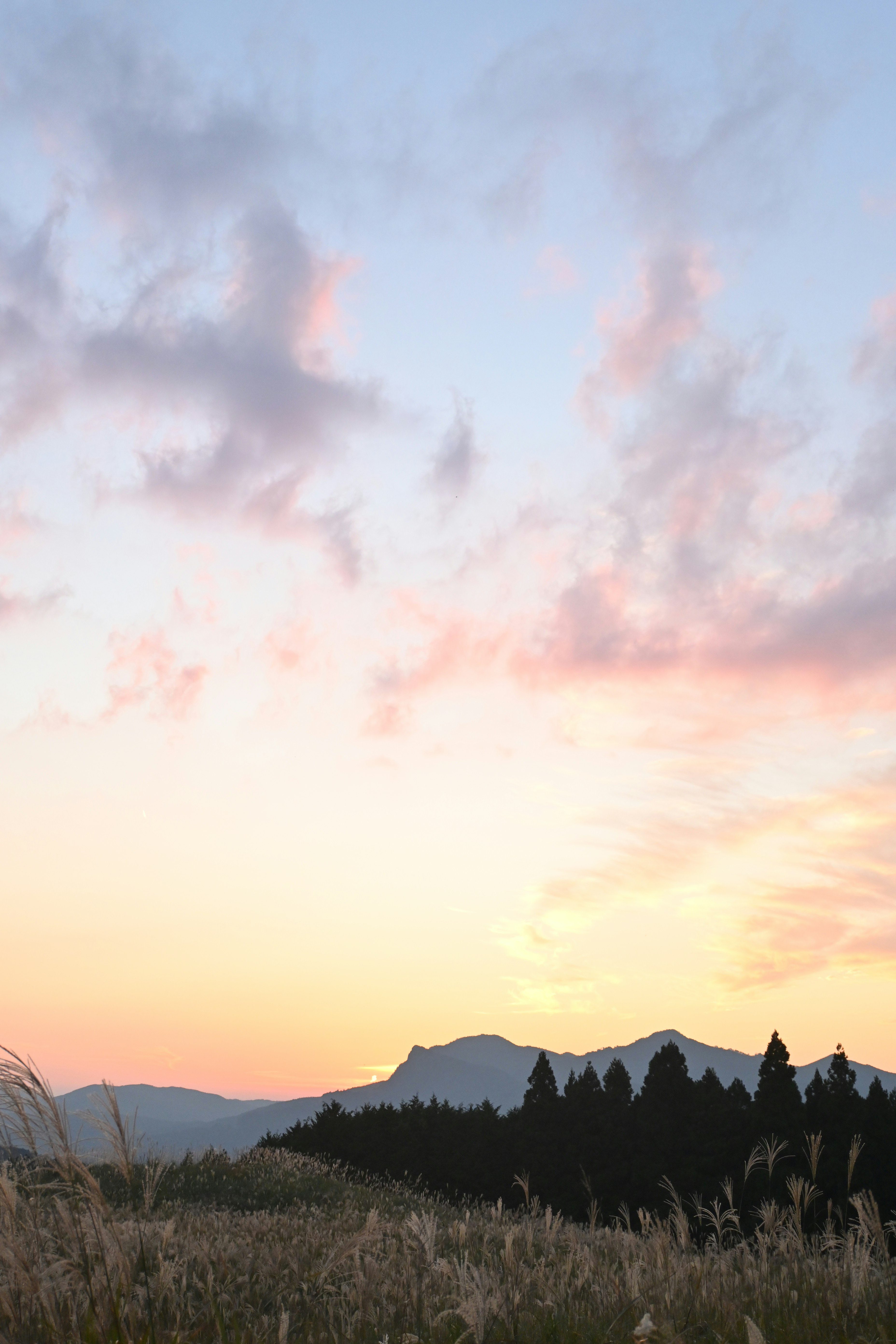 夕焼け空と山並みを草原越しに望む風景