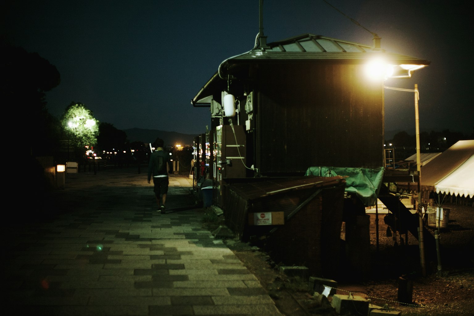 Nhà gỗ và đèn đường dọc theo lối đi vào ban đêm