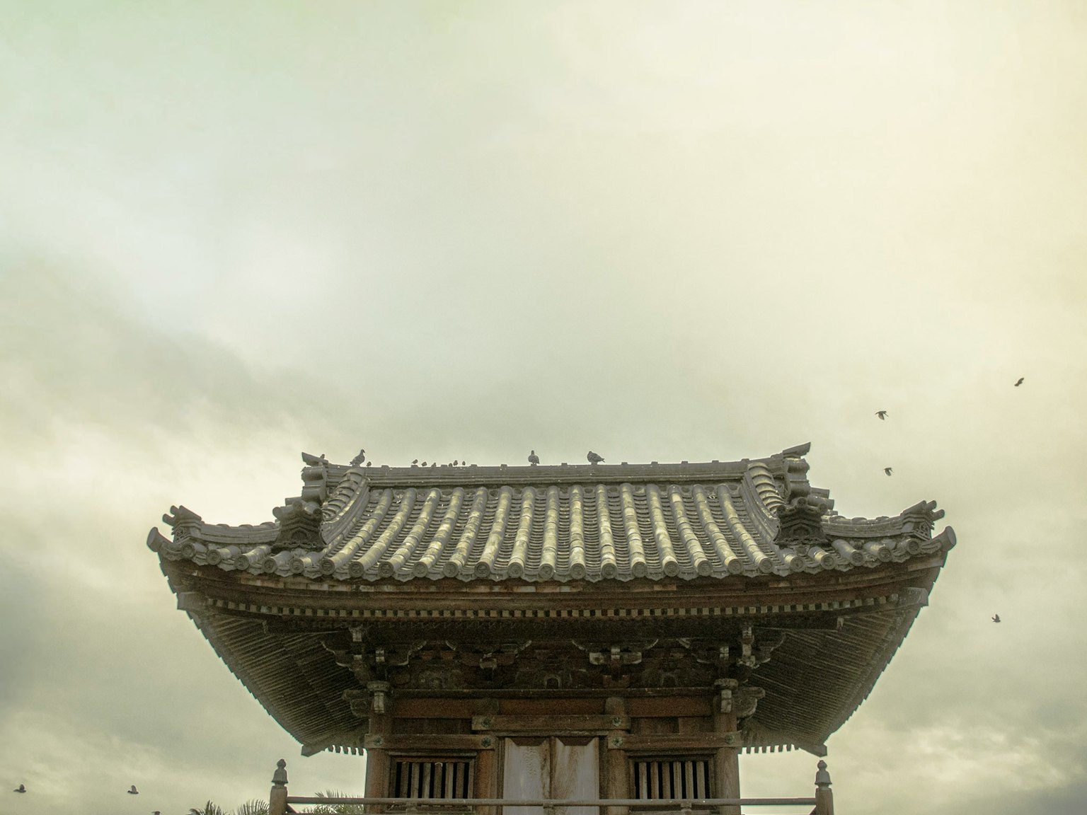 伝統的なアジアの建物の屋根が見える画像 鳥が飛んでいる曇り空