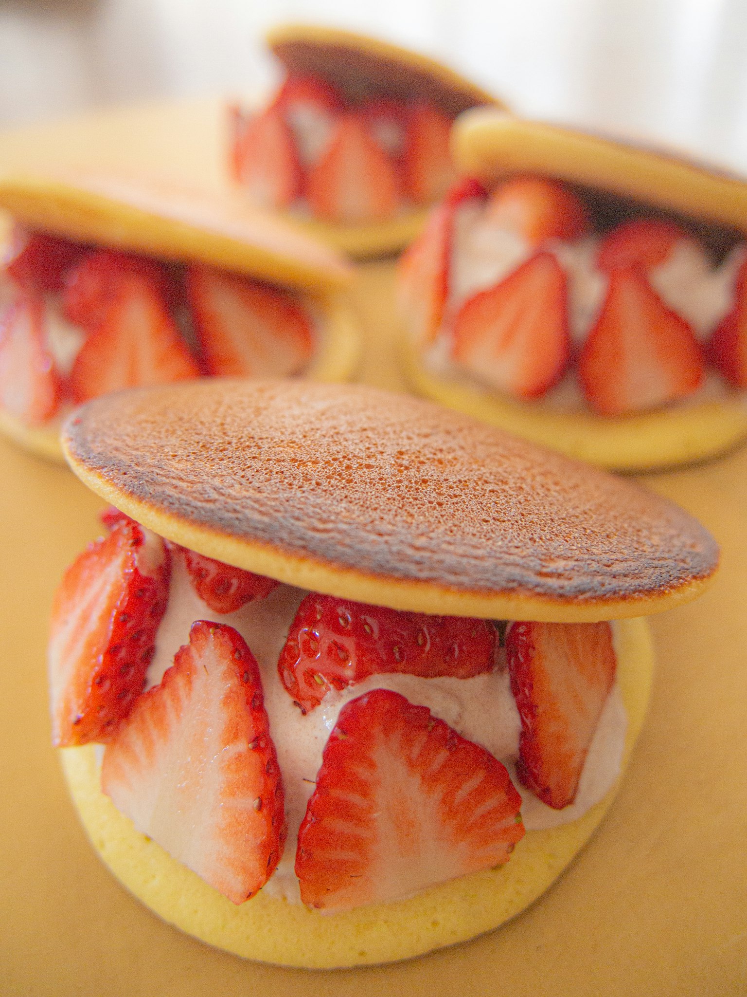 Japanese dessert with strawberries and fluffy pancakes