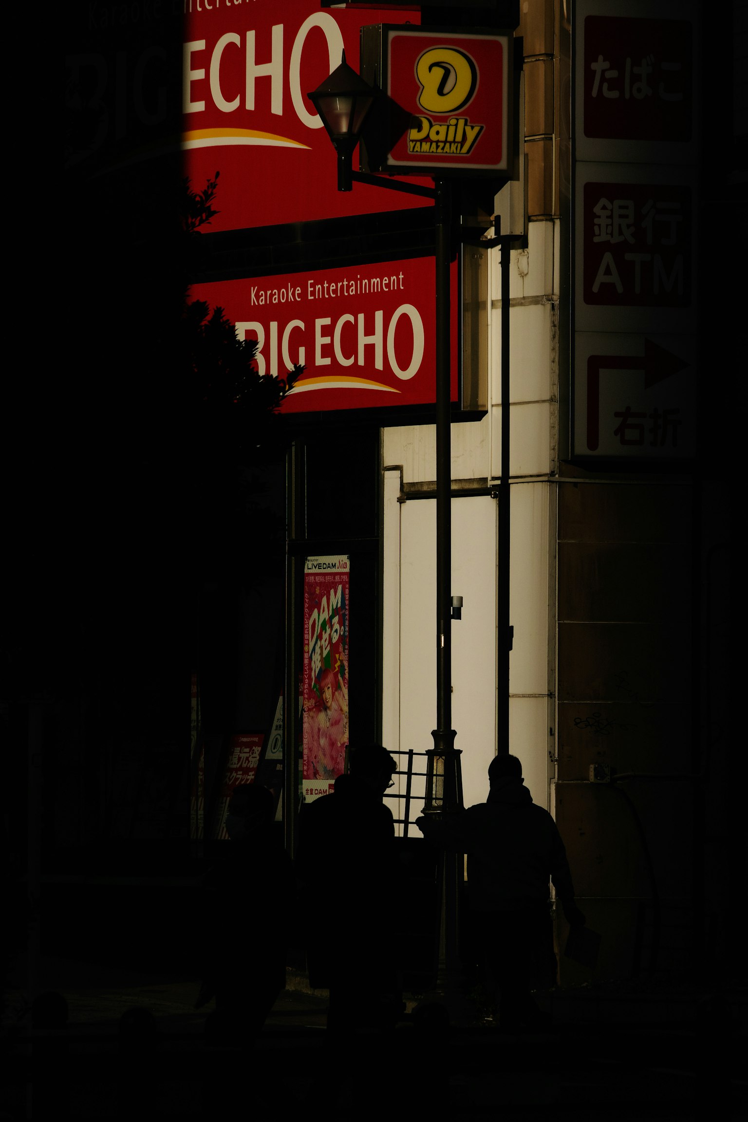 Silhouettes de personnes devant un panneau Big Echo sur fond sombre