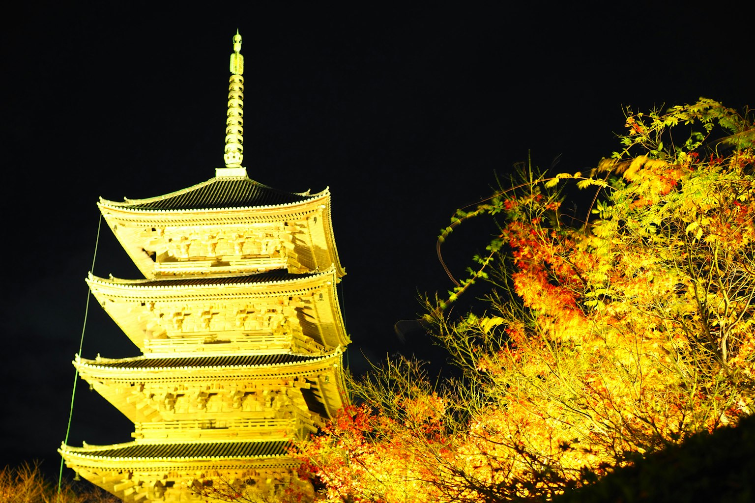 Beleuchtete Pagode bei Nacht mit lebhaftem Herbstlaub