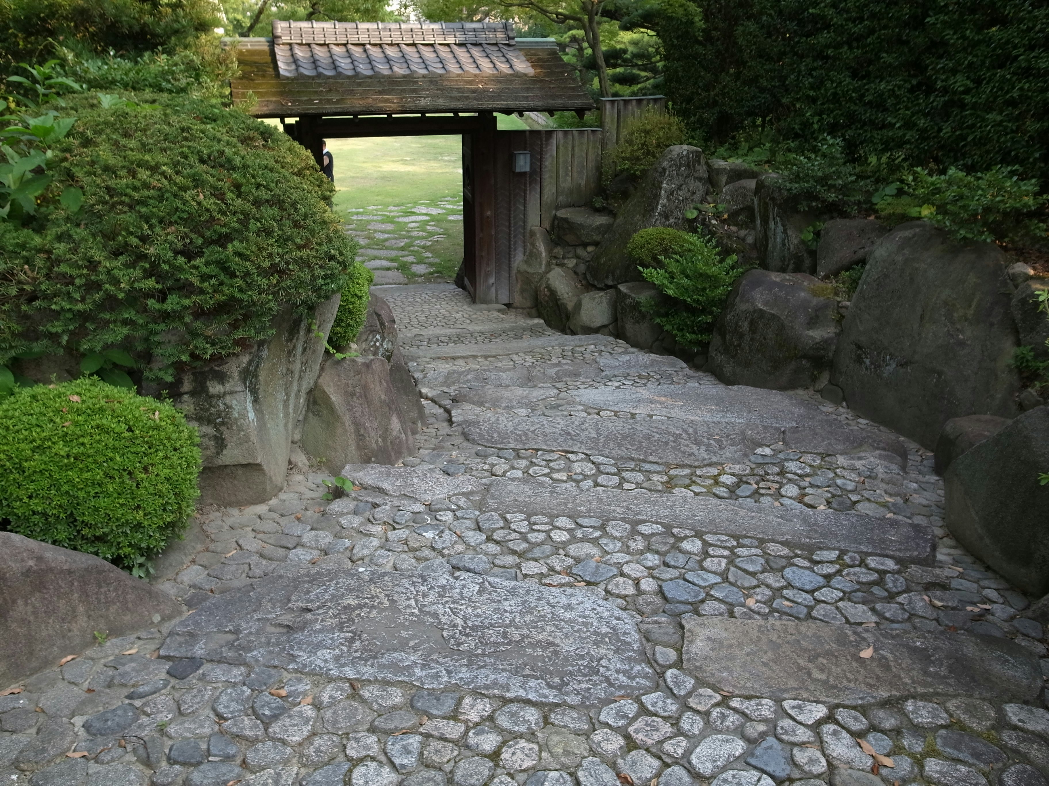 苔むした石畳の小道と庭の生垣のある入口