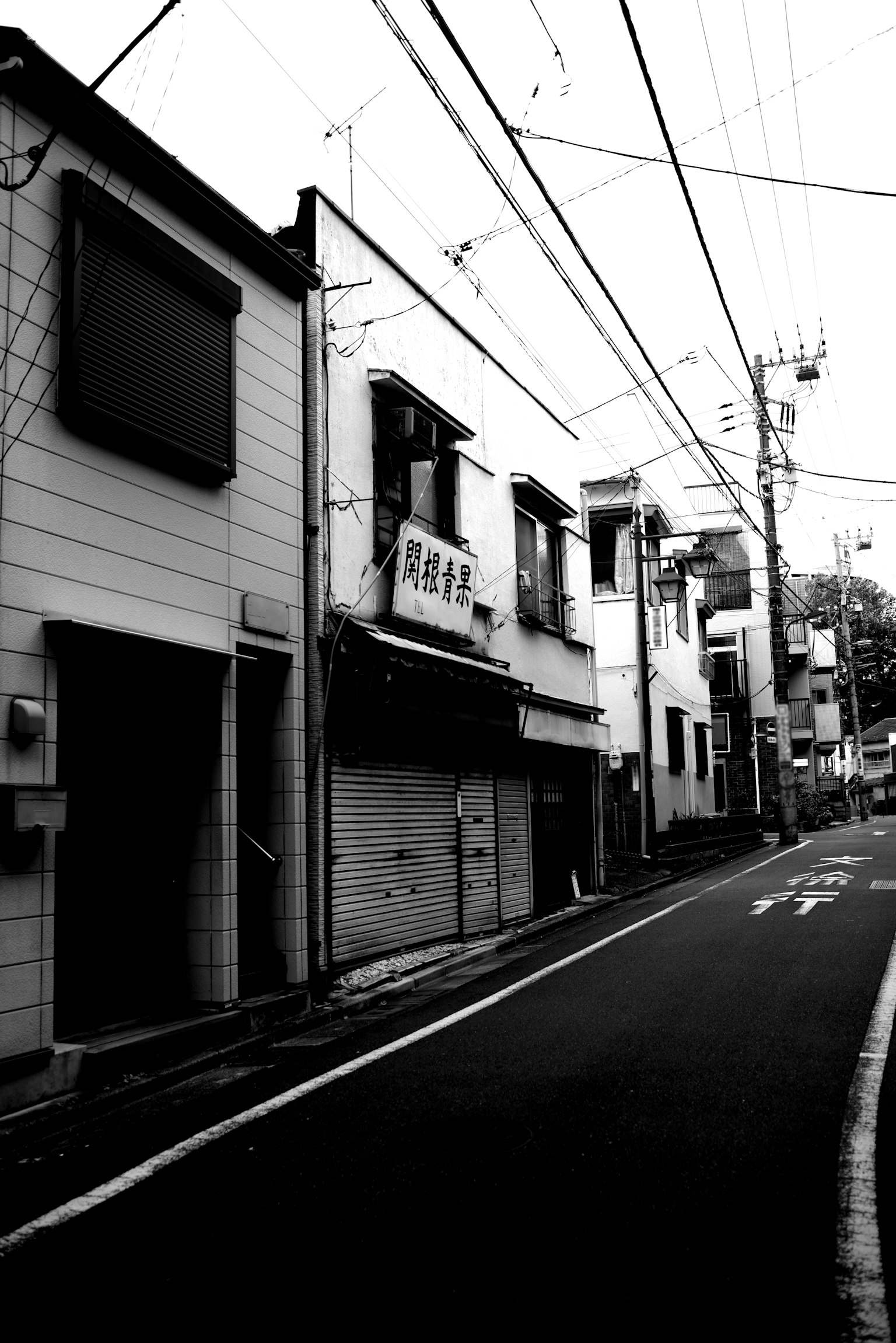 Calle en blanco y negro con casas antiguas y líneas eléctricas