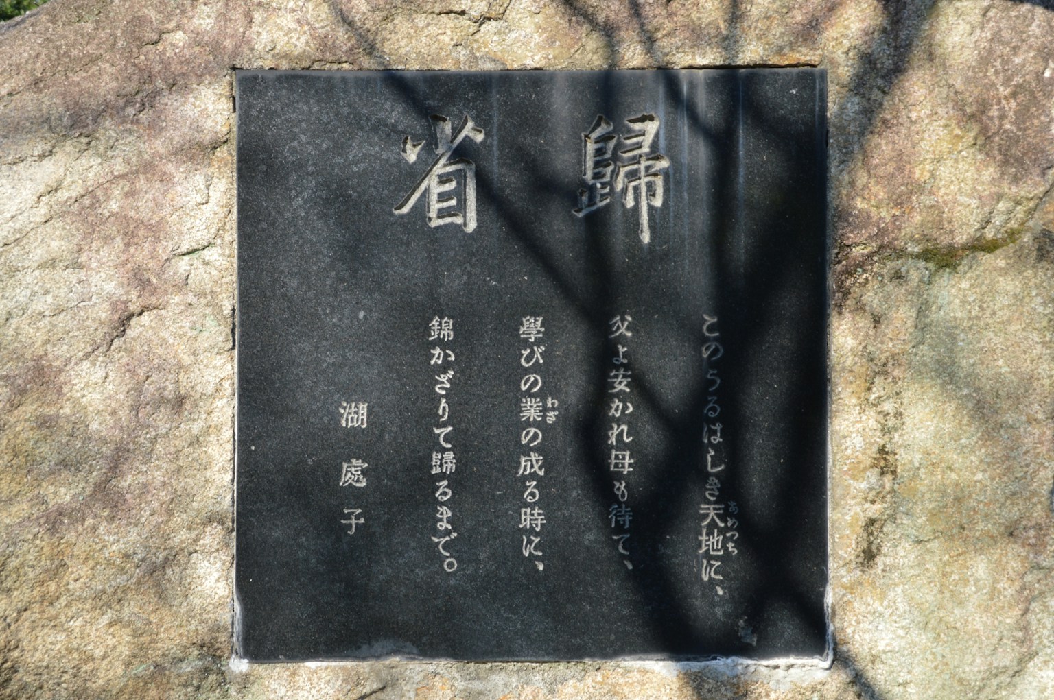 Black stone plaque with Japanese characters and surrounding natural shadows