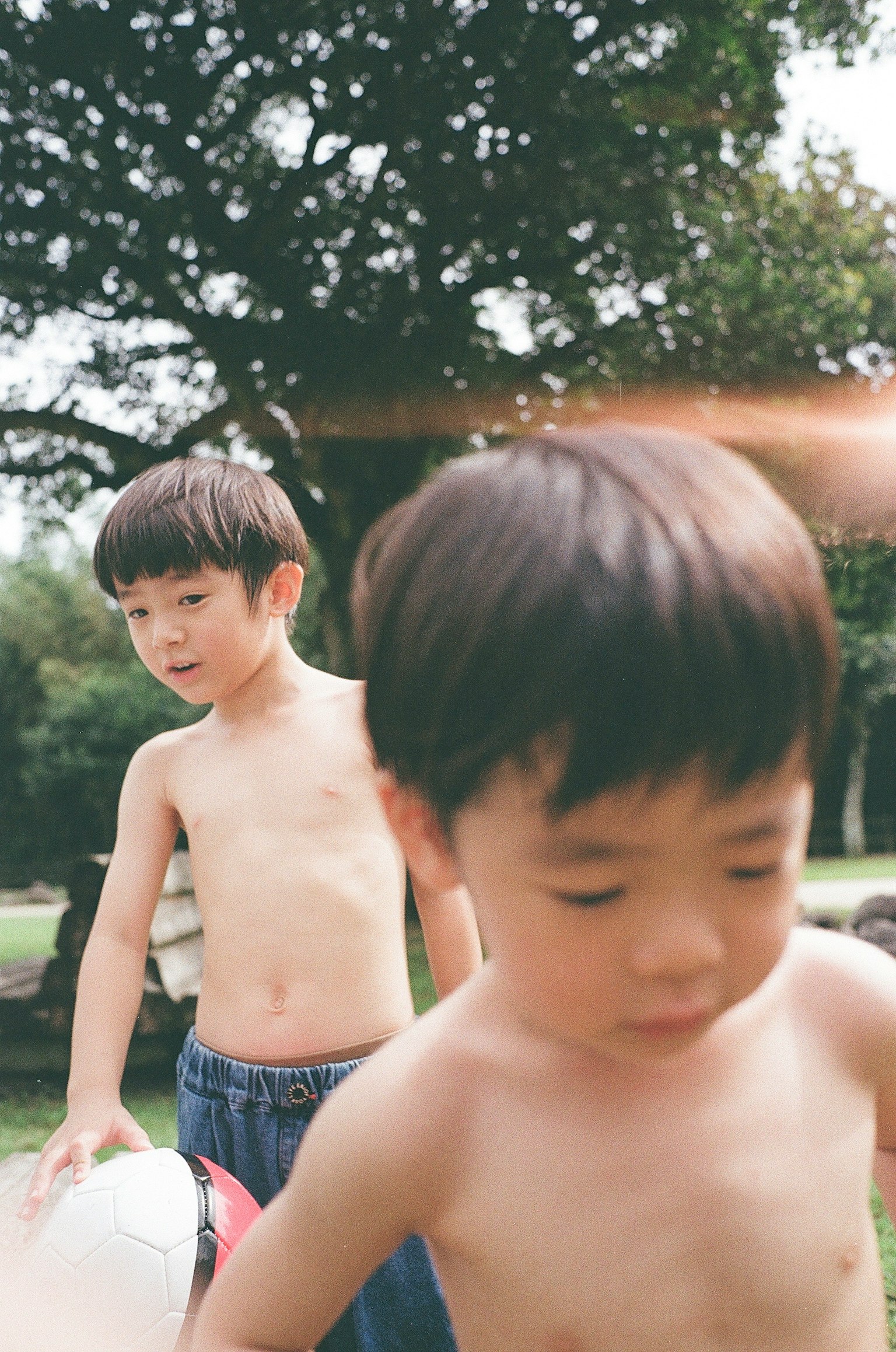 公園で遊ぶ二人の子供たちの写真 一人はシャツを着ておらず、もう一人はボールを持っている