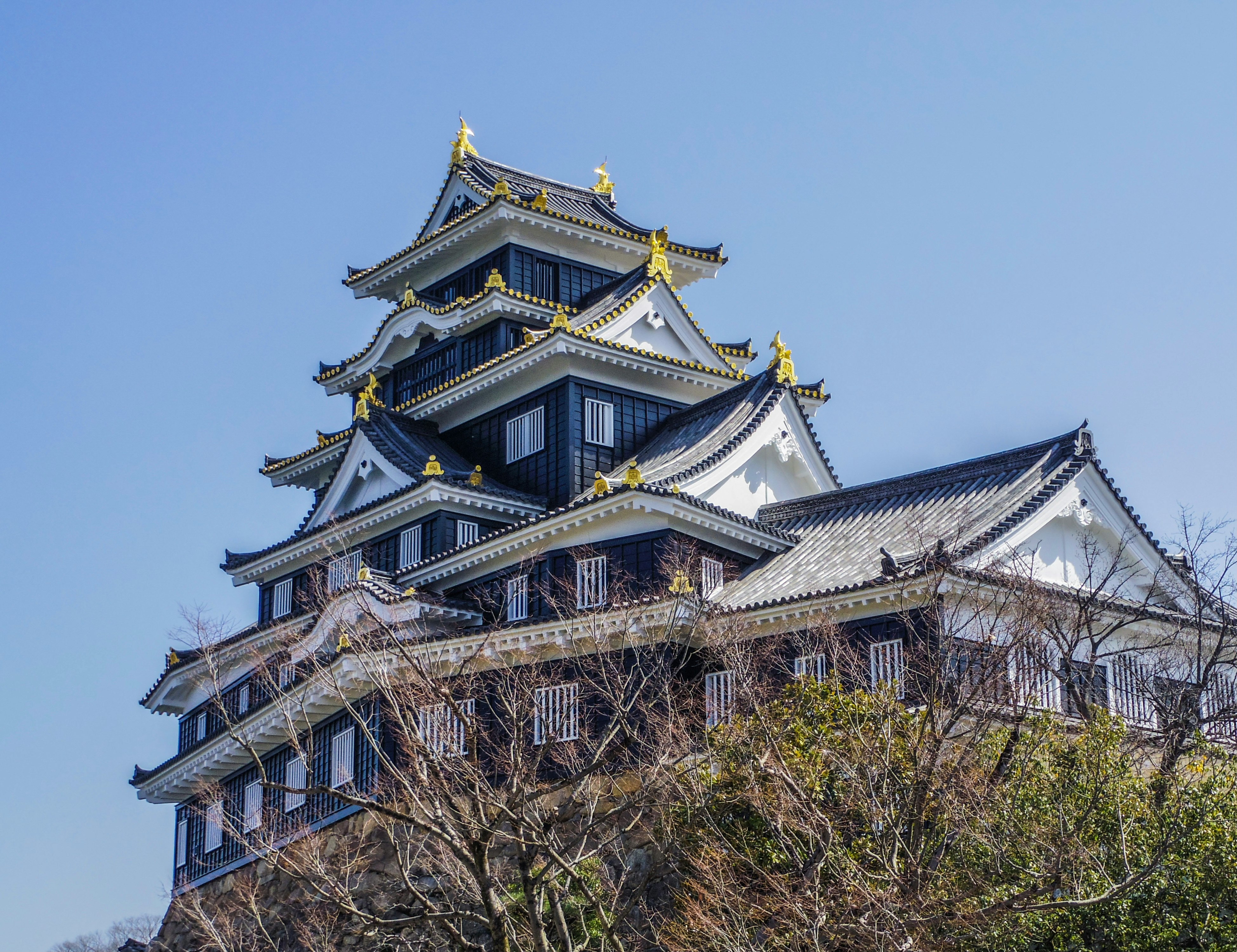 岡山城の天守閣と青空の下の城郭建築