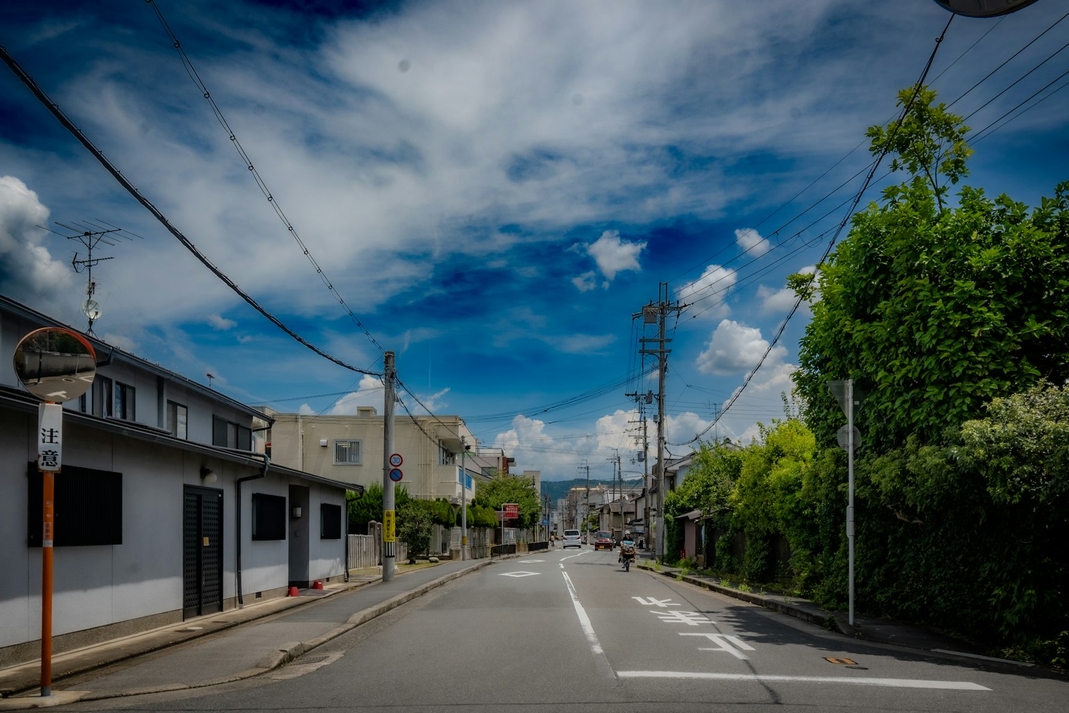 Rue calme avec ciel bleu et nuages blancs Arbres verts et maisons le long de la route