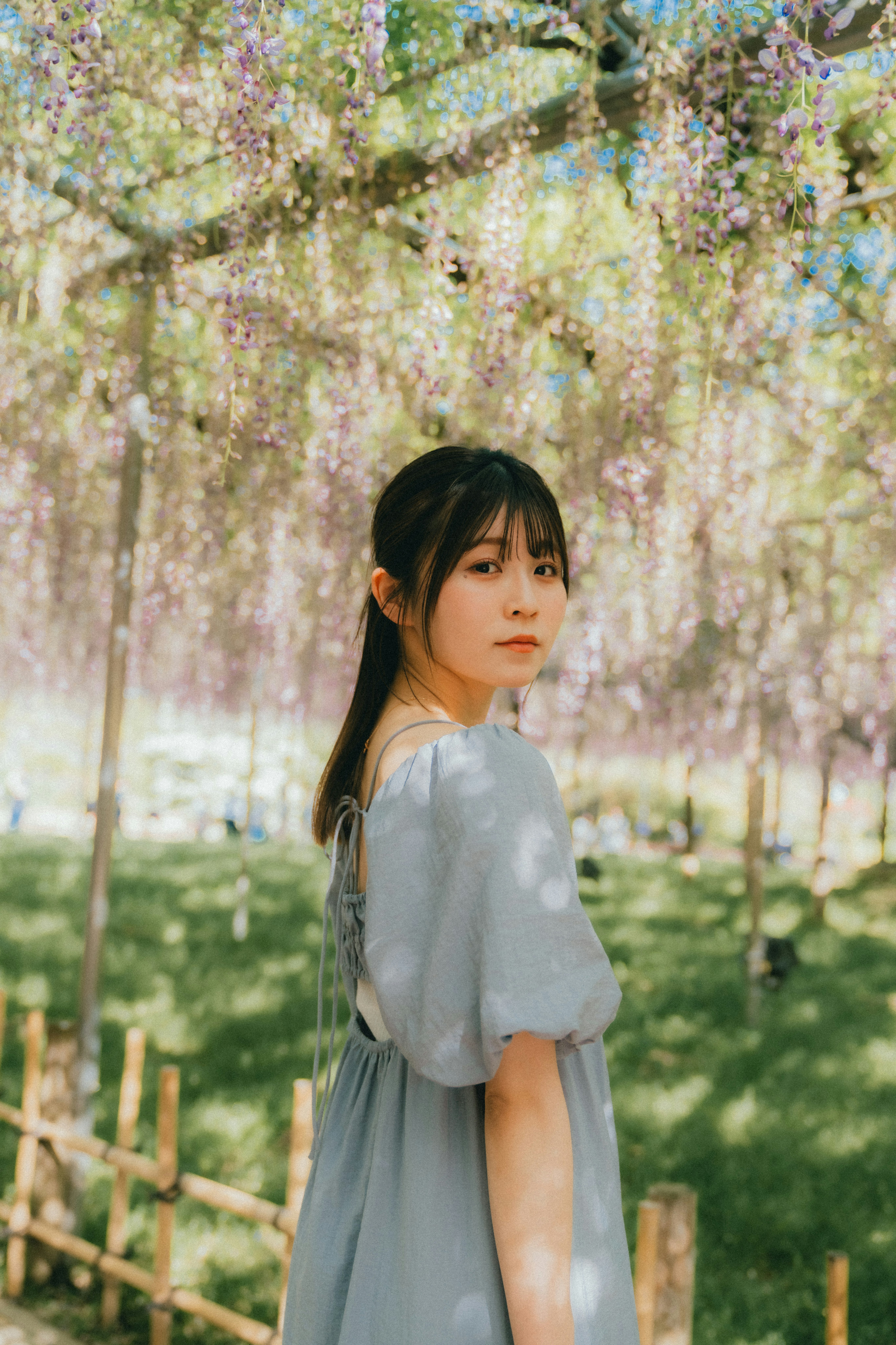 桜の並木で微笑む少女のポートレート