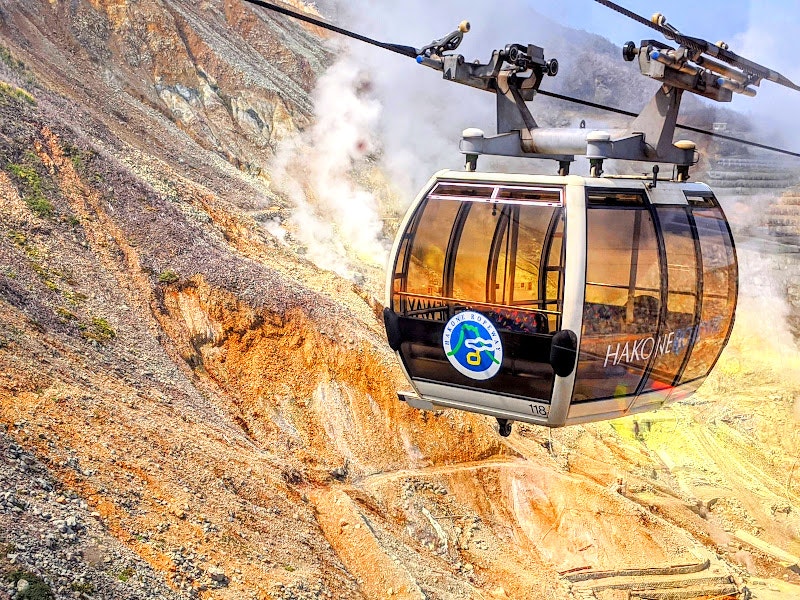 山坡上行駛的纜車式車廂與蒸汽的礦山景觀