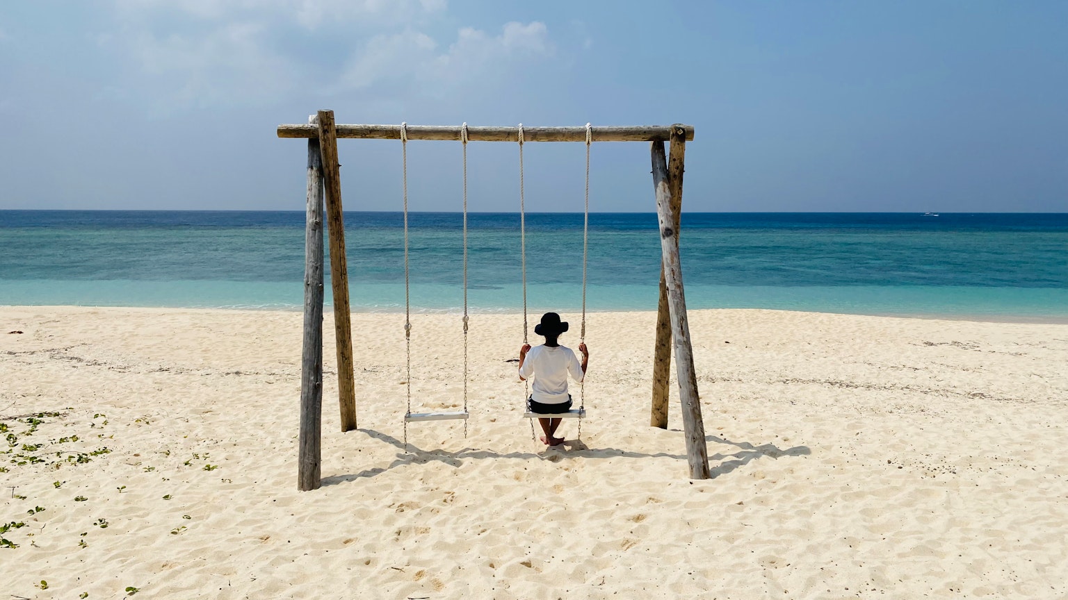 A person sitting on a swing at the beach with a blue ocean in the background