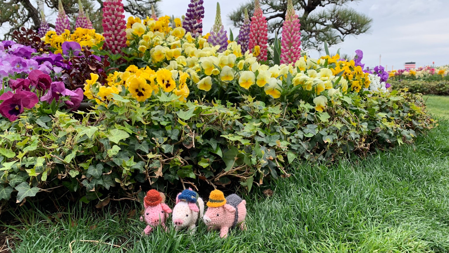 Tre figurine di maiali in piedi sull'erba con fiori colorati sullo sfondo