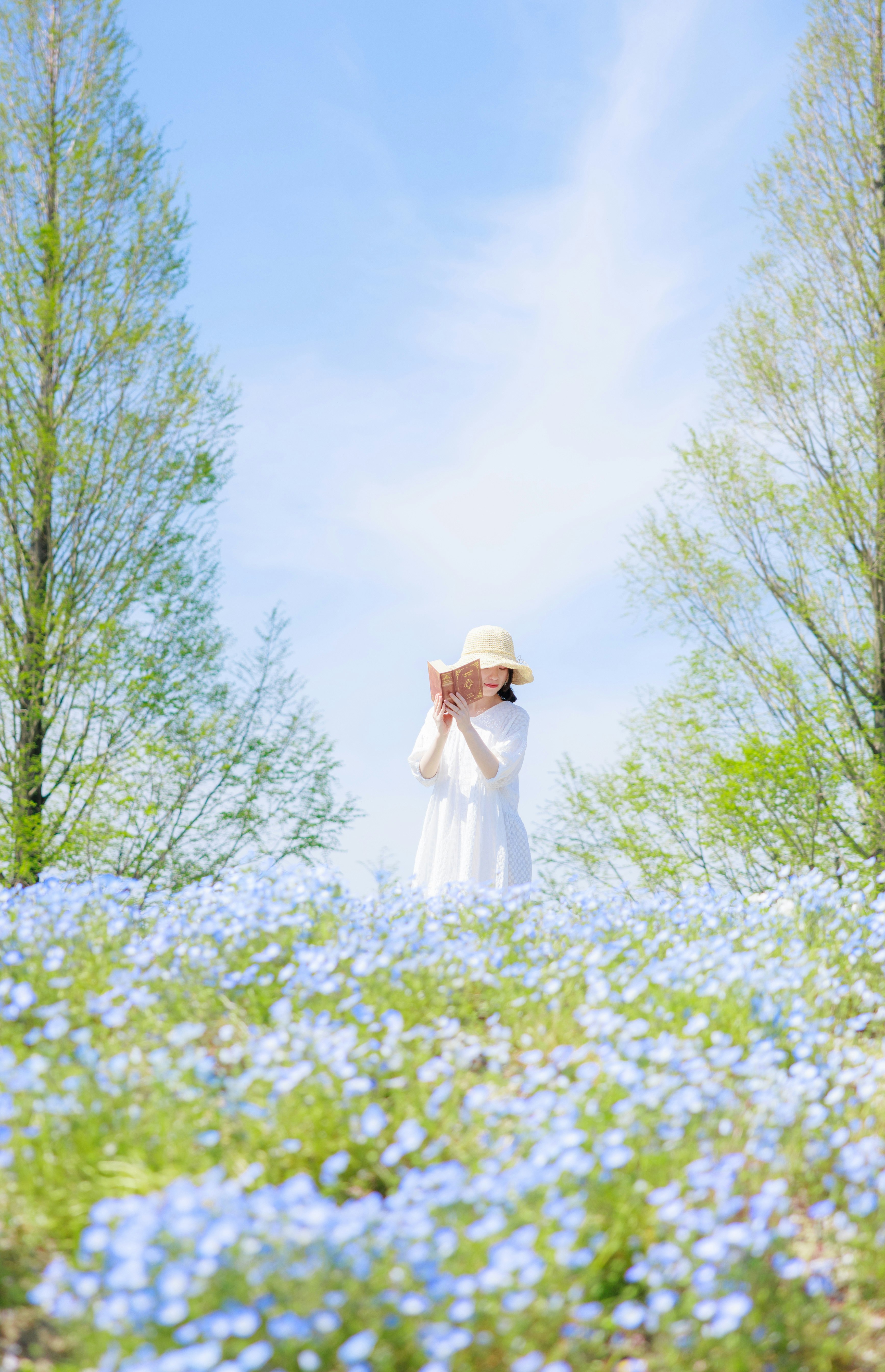 新緑の並木の中で帽子をかぶった女性が微笑む