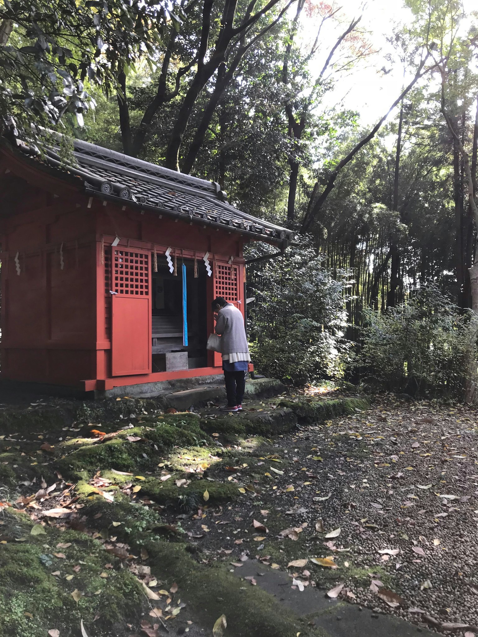 Personne devant un bâtiment rouge entouré de feuillage vert