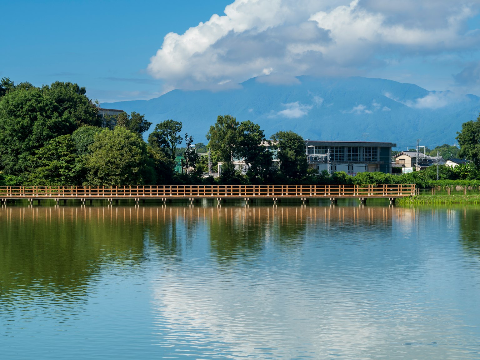 Un lac serein reflétant le ciel bleu et les nuages blancs avec des montagnes en arrière-plan