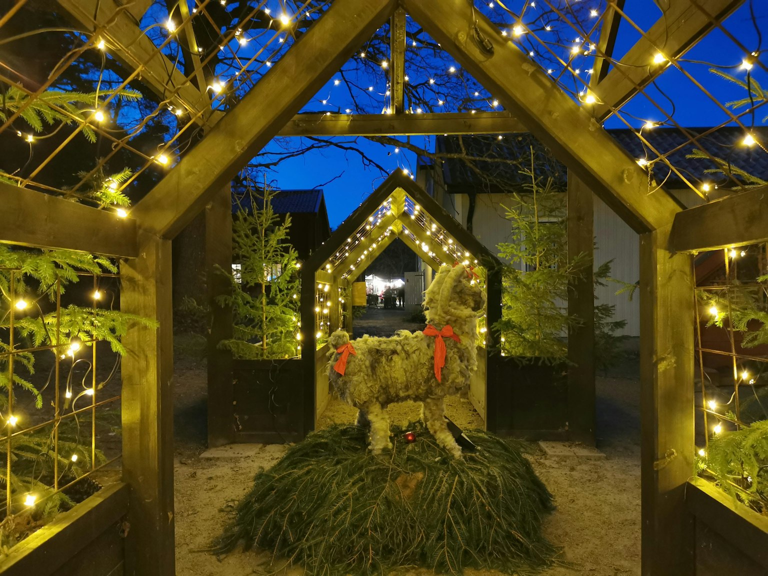 Arche de décoration de Noël illuminé avec de la verdure sous un ciel nocturne bleu