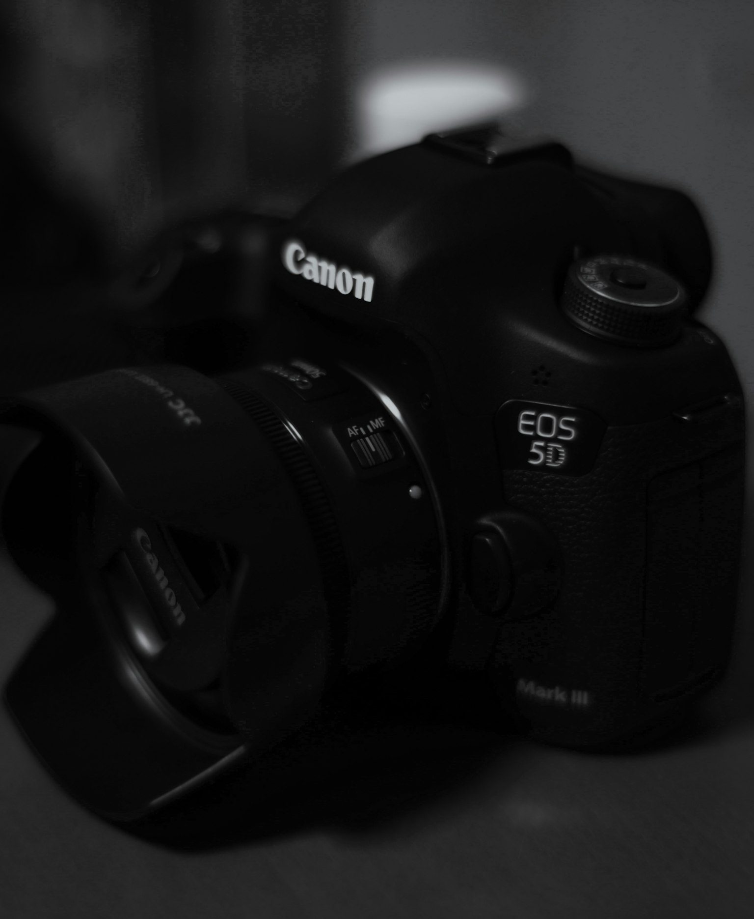 Cận cảnh máy ảnh Canon EOS 5D đen trắng