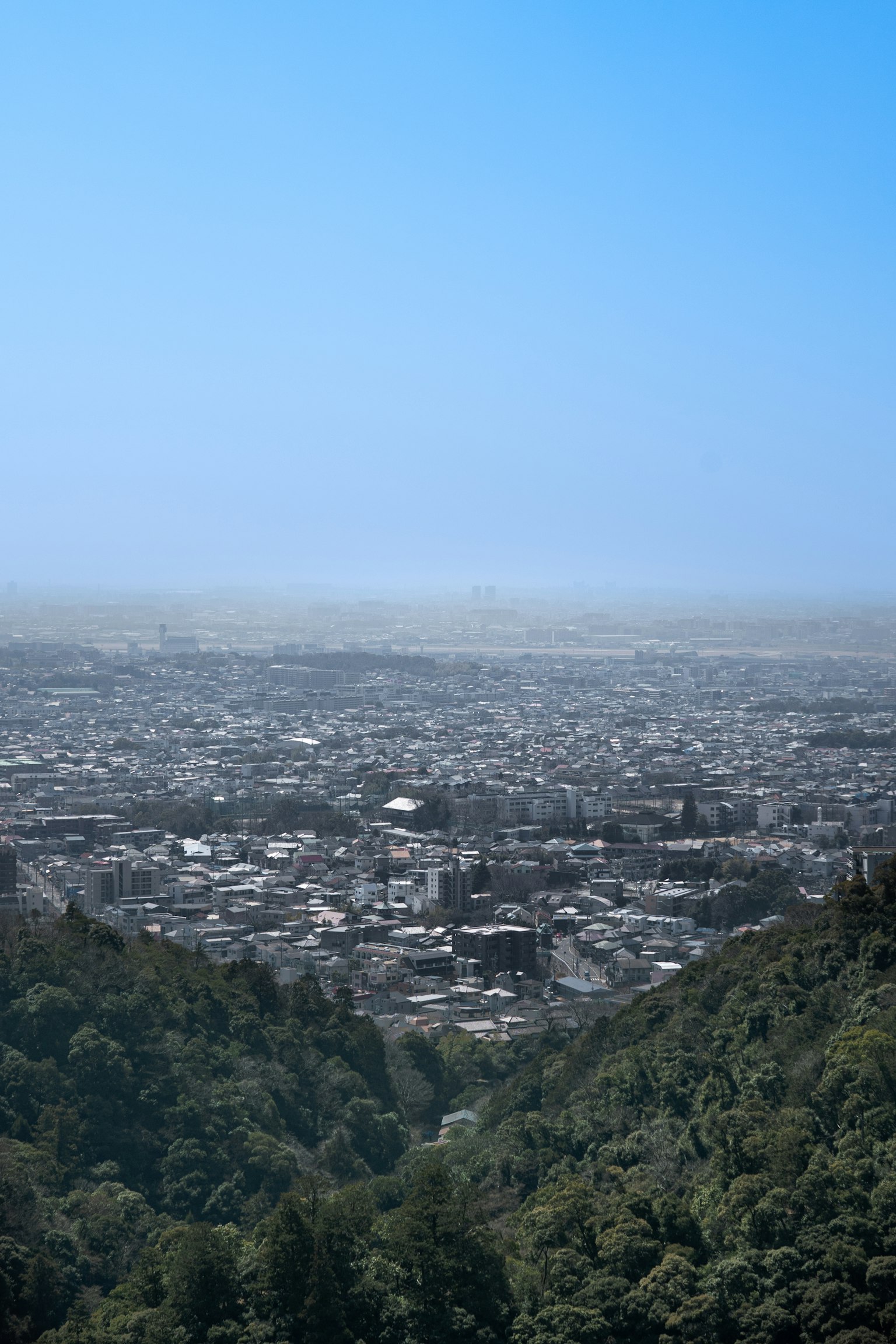 城市的全景，位於郁郁蔥蔥的山脈之間