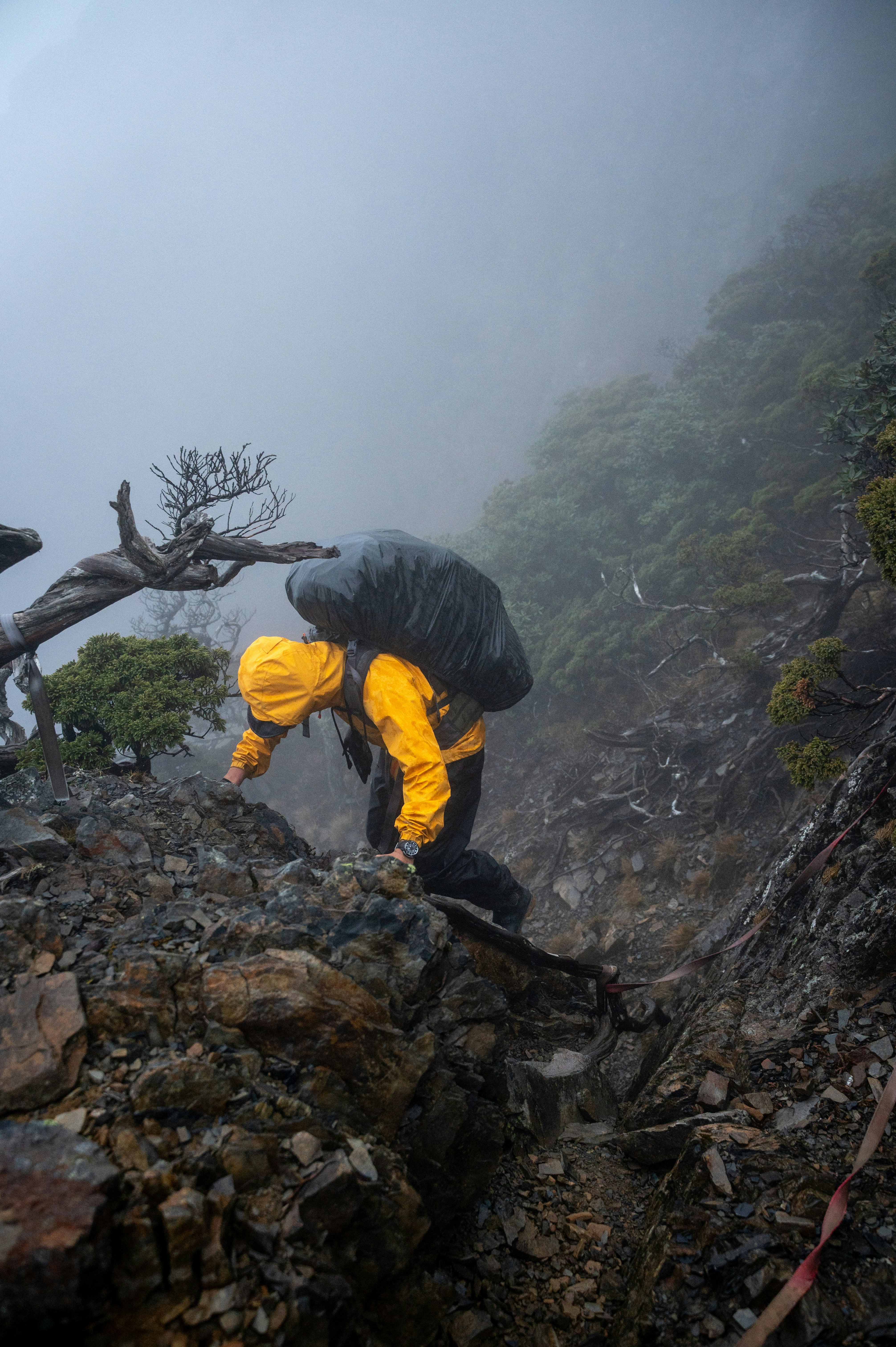 霧のかかった岩場を雨具で登る登山者