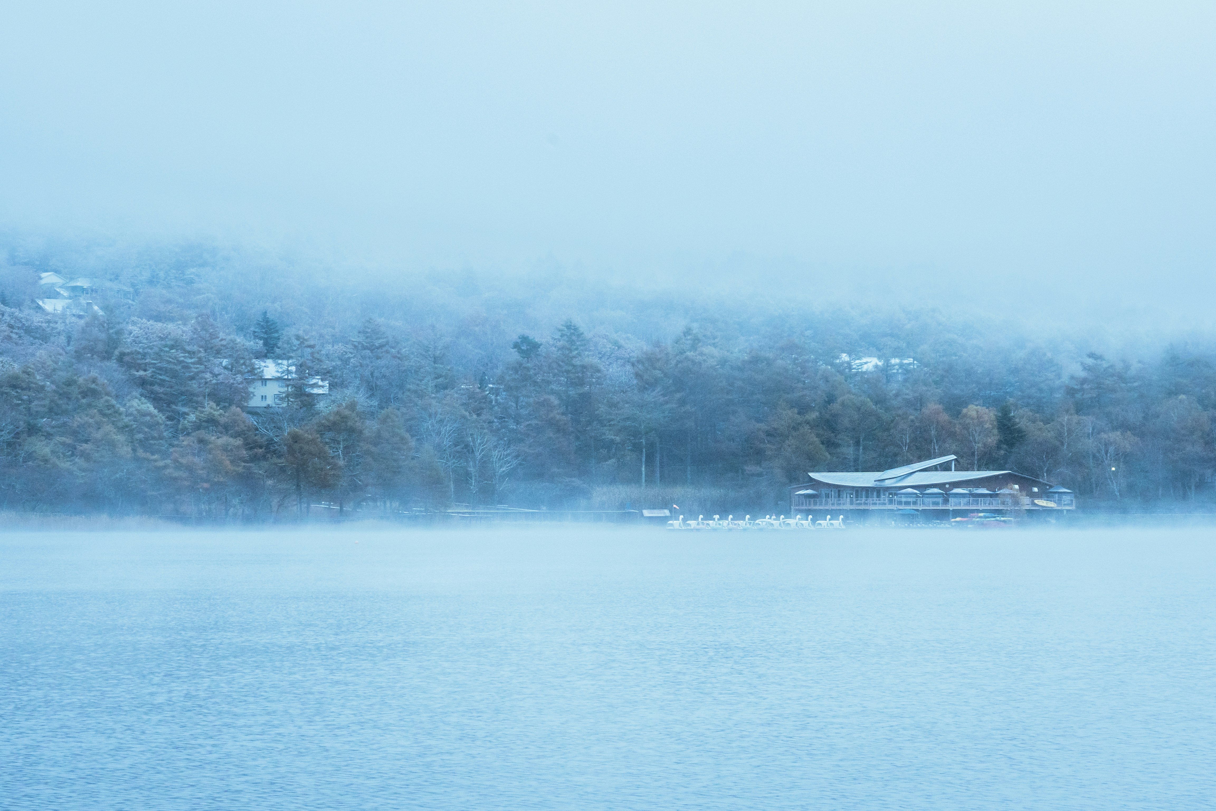 霧のかかった湖畔と遠くの橋のある風景