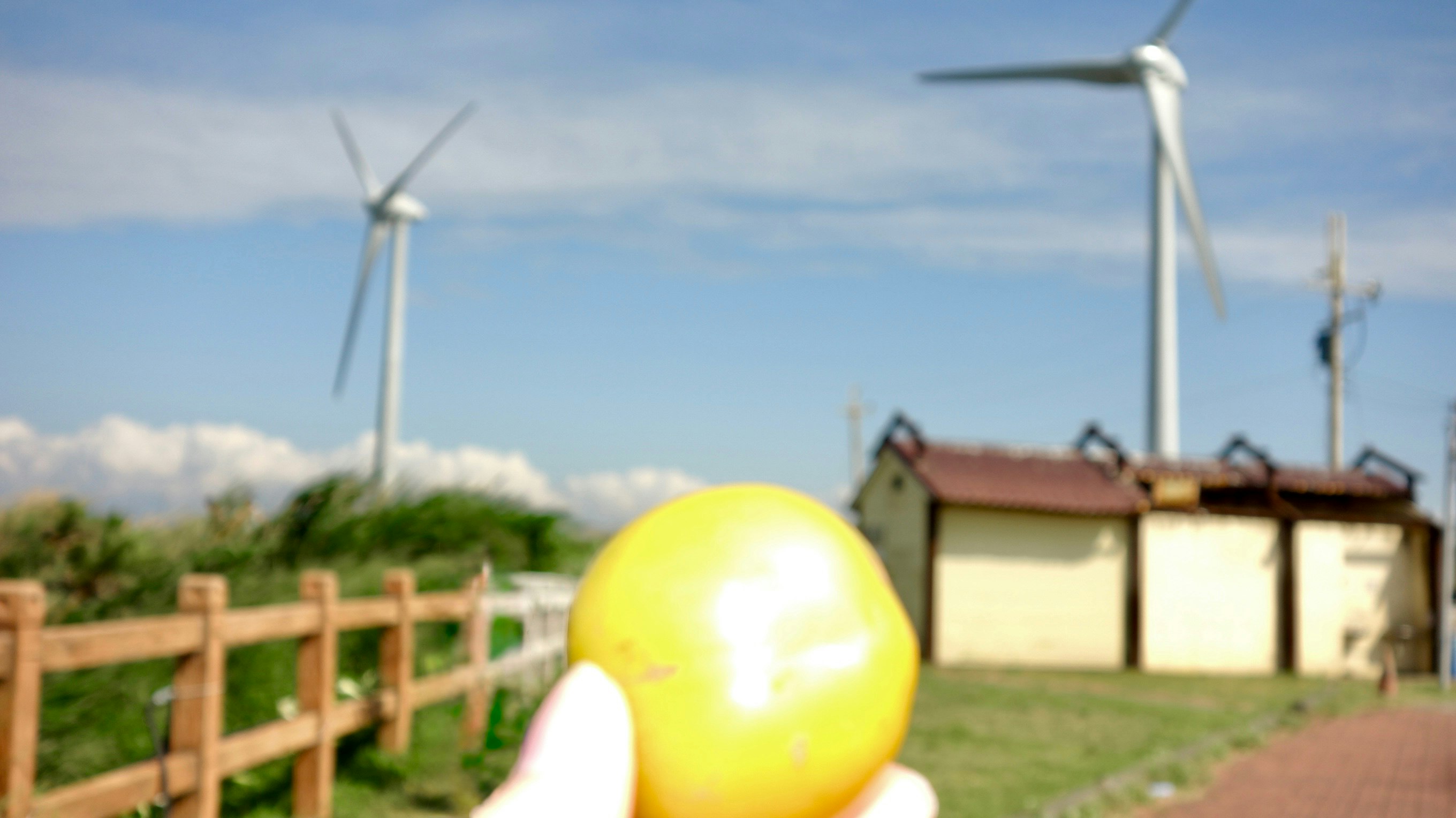 風力発電の風車と庭の芝生に浮かぶ黄色い風船