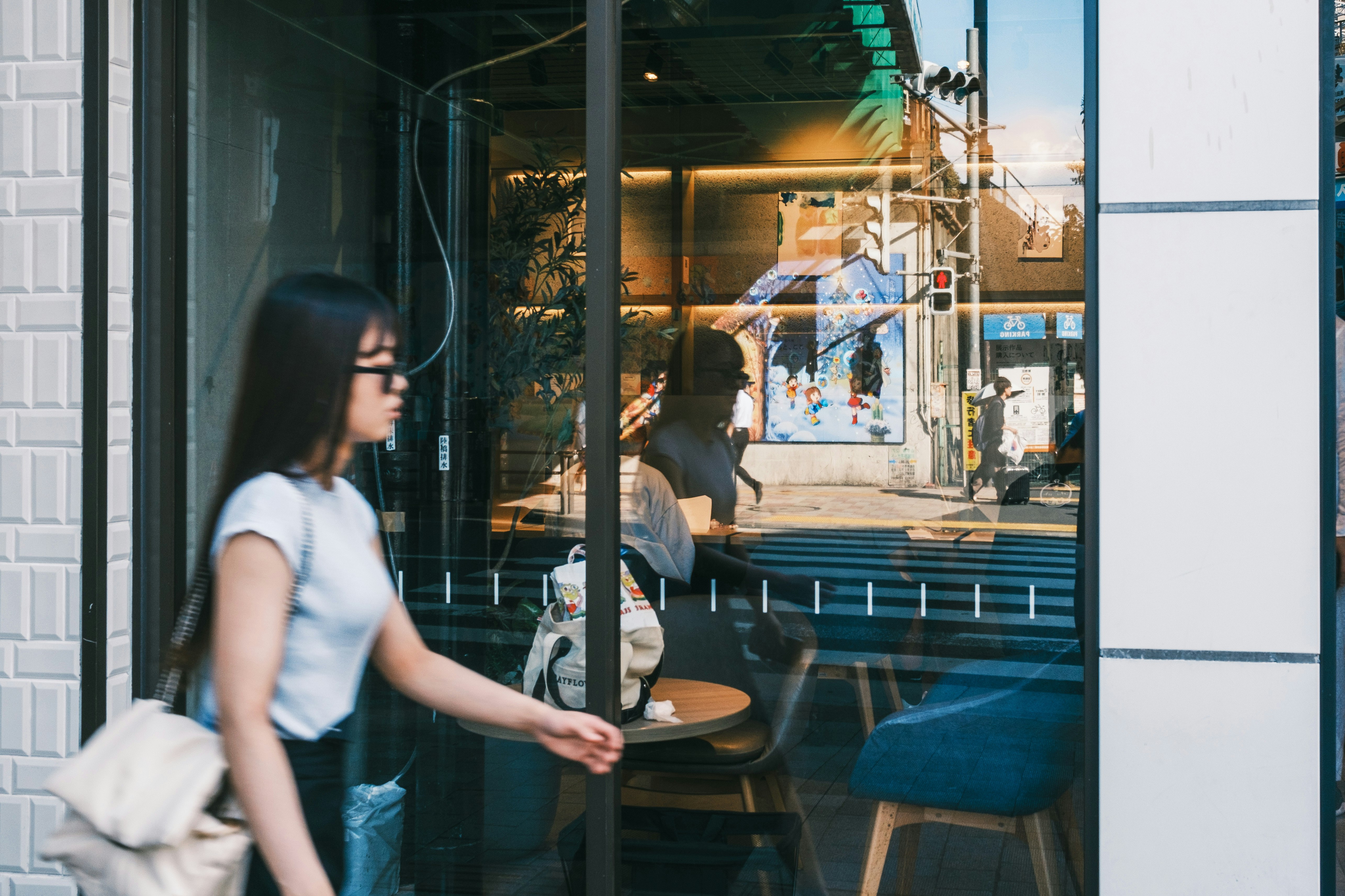 cafe interior seen through glass with evening street view
