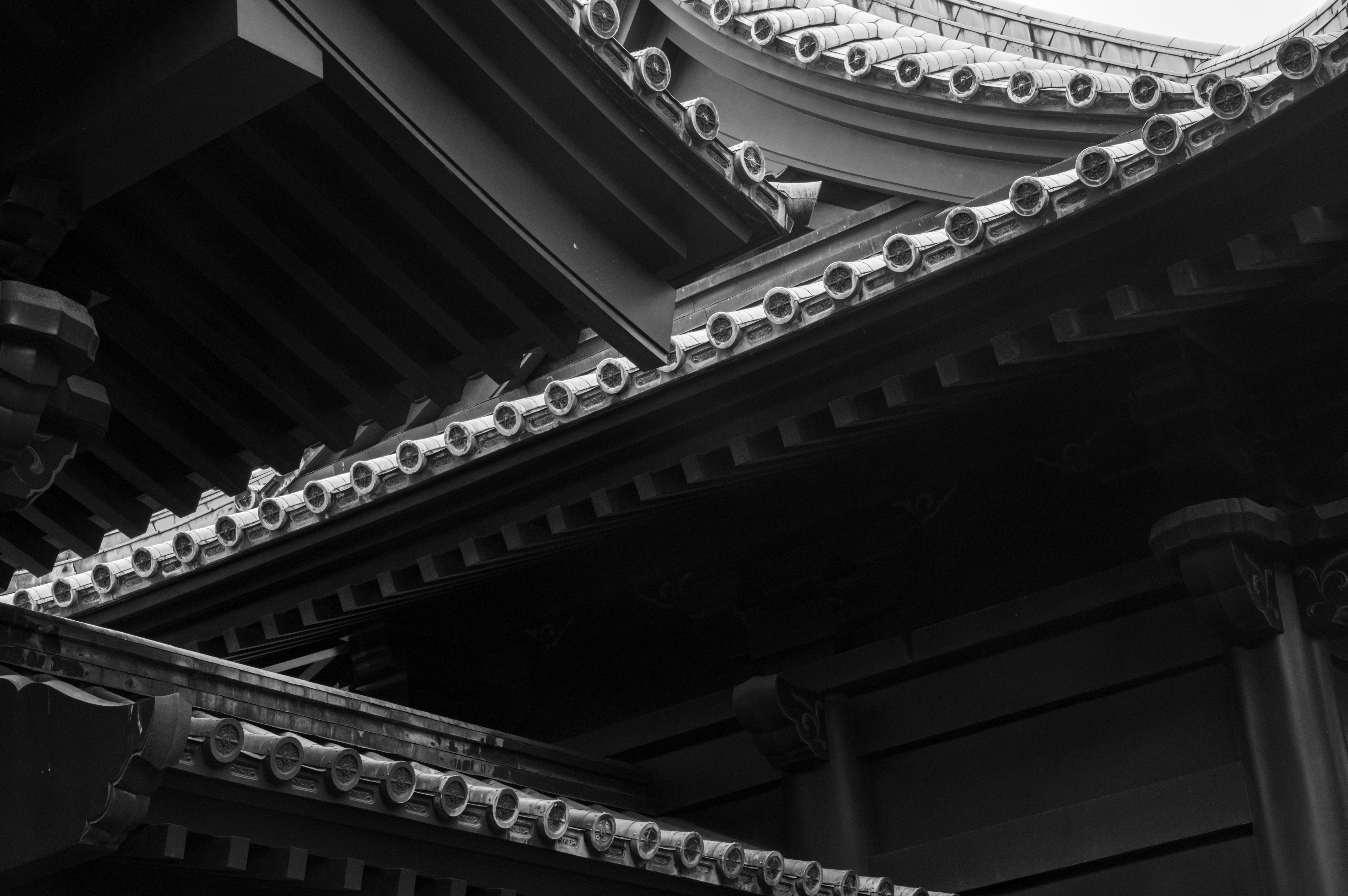 黒い屋根瓦の連なりと軒先の建築ディテール
