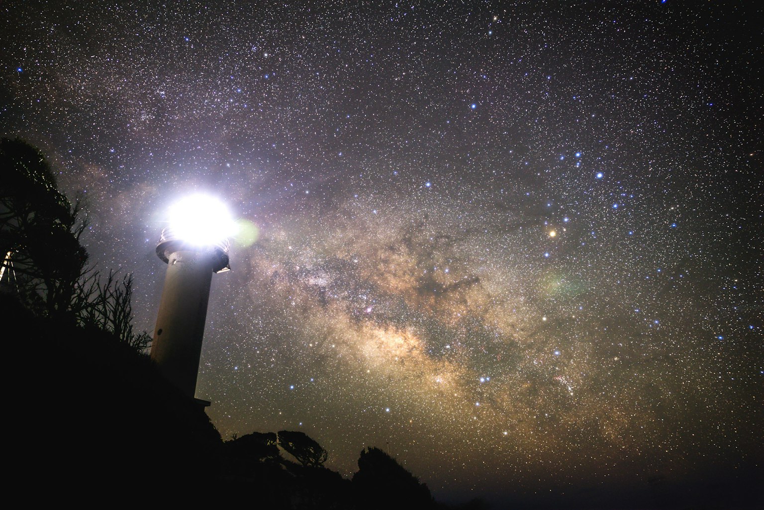 A lighthouse illuminated under a starry sky with the Milky Way visible