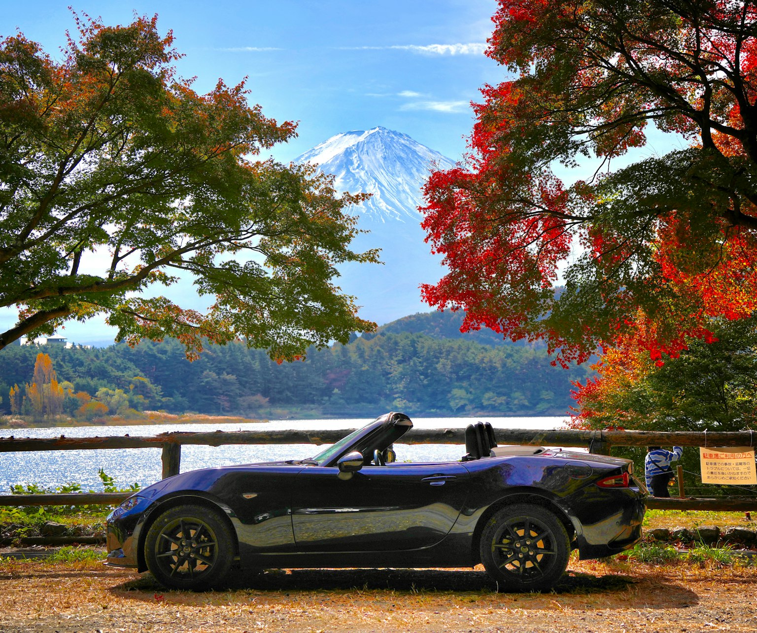 富士山を背景にした黒いスポーツカーと紅葉の木々