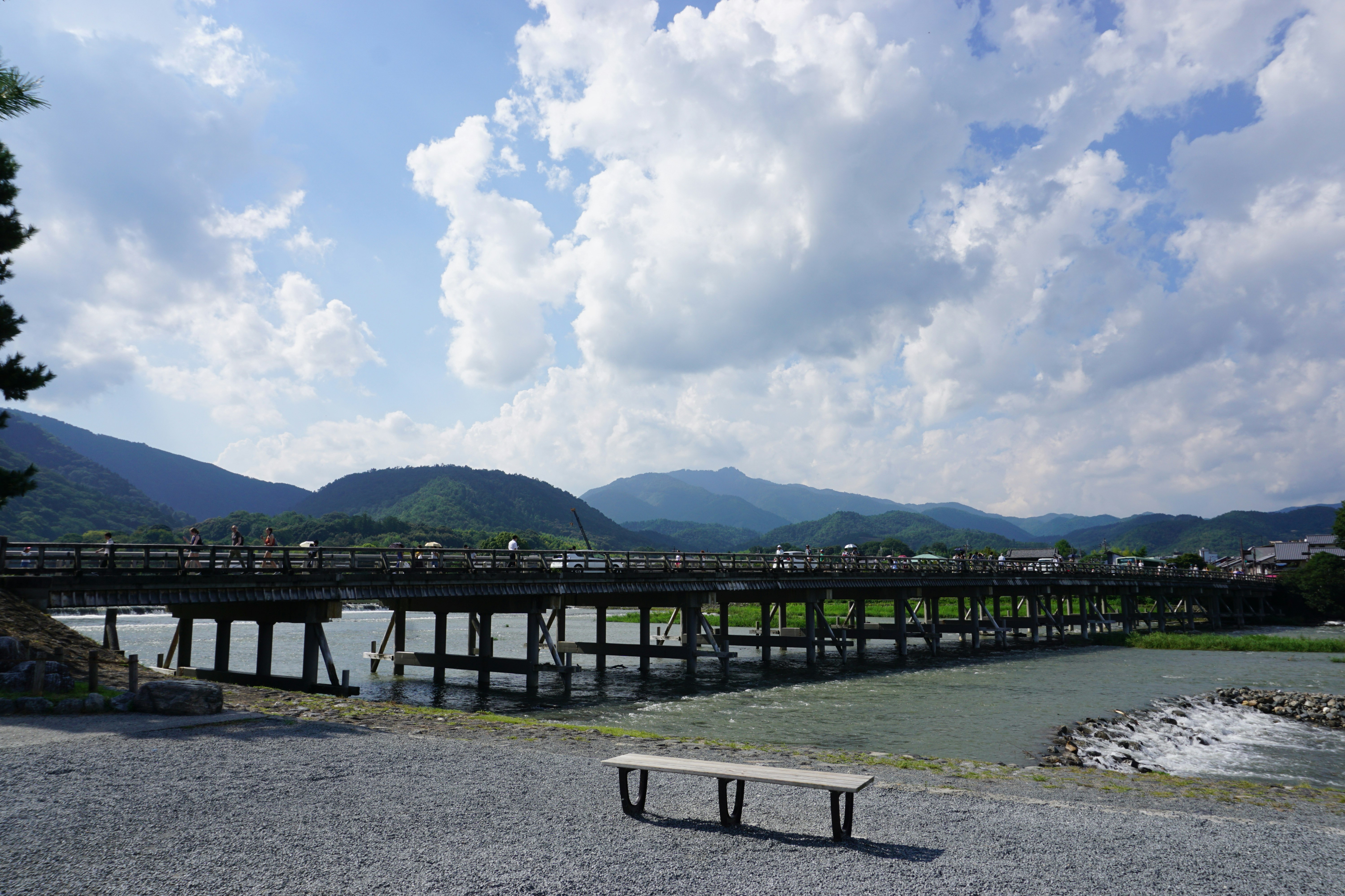 渡月橋と桂川沿いの川岸の風景