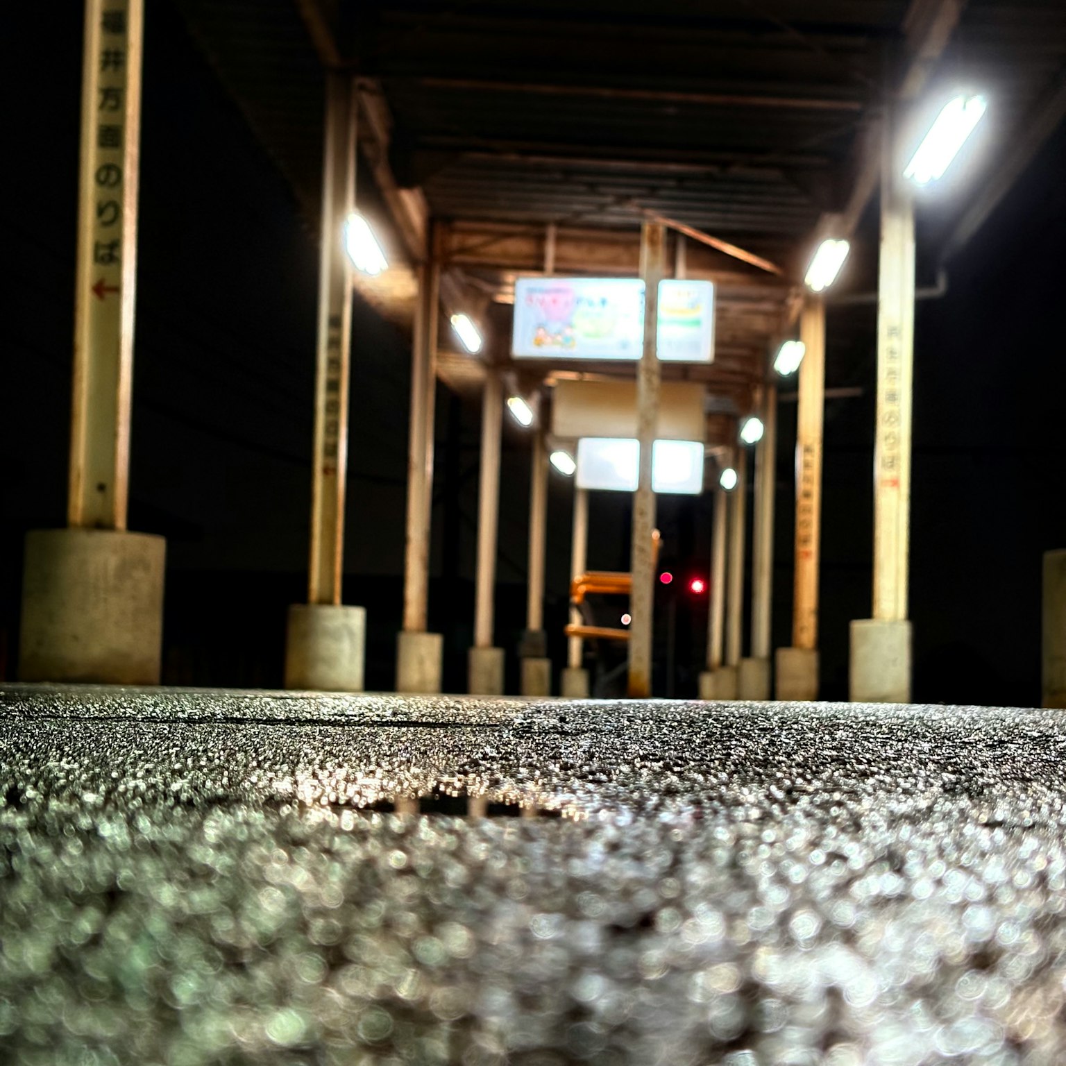 View of a bus stop at night with wet ground and wooden pillars