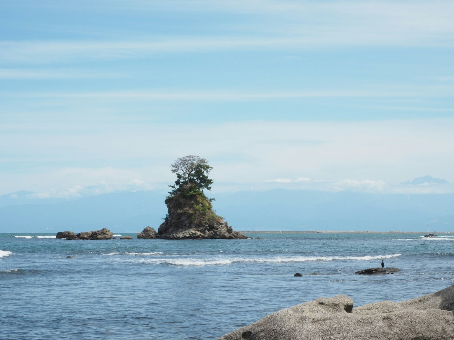 Un'isola solitaria con un solo albero contro un oceano e un cielo blu