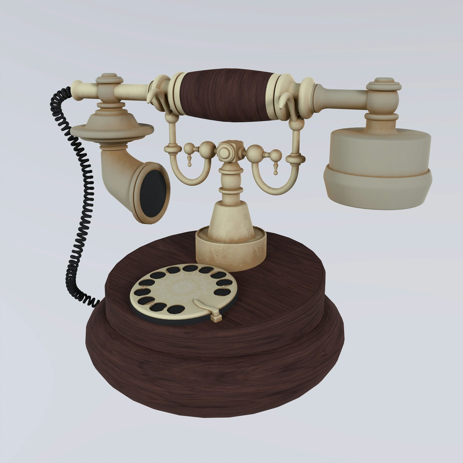 Desain telepon klasik dengan dasar kayu dan komponen logam