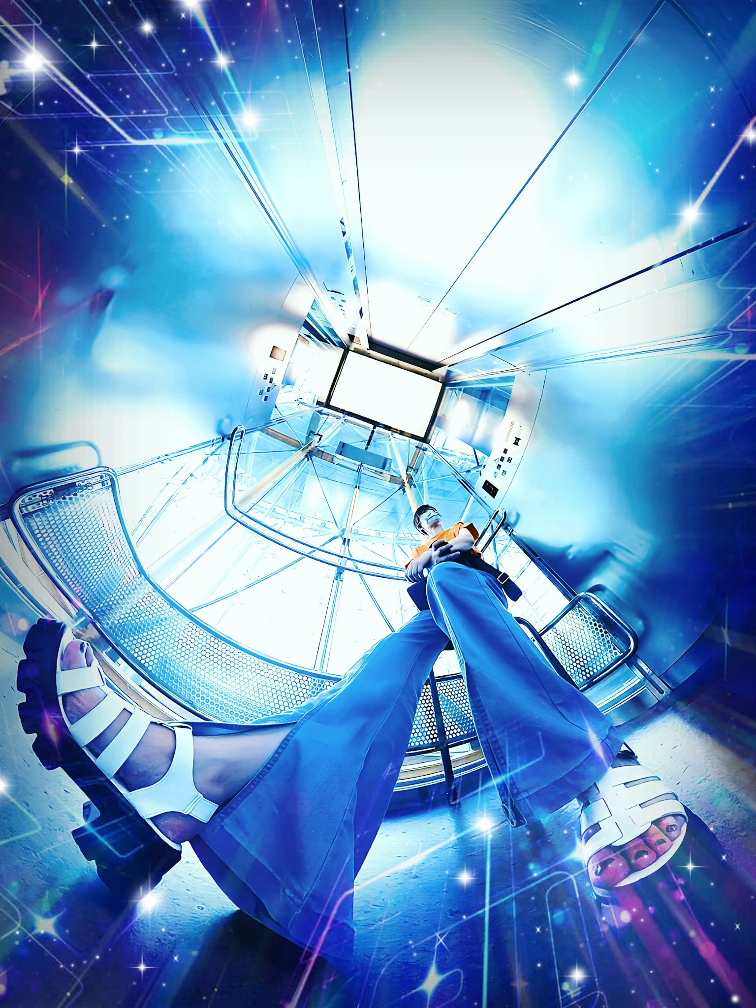 Une personne portant un pantalon en denim se tient dans une lumière bleue avec un fond futuriste et des étoiles