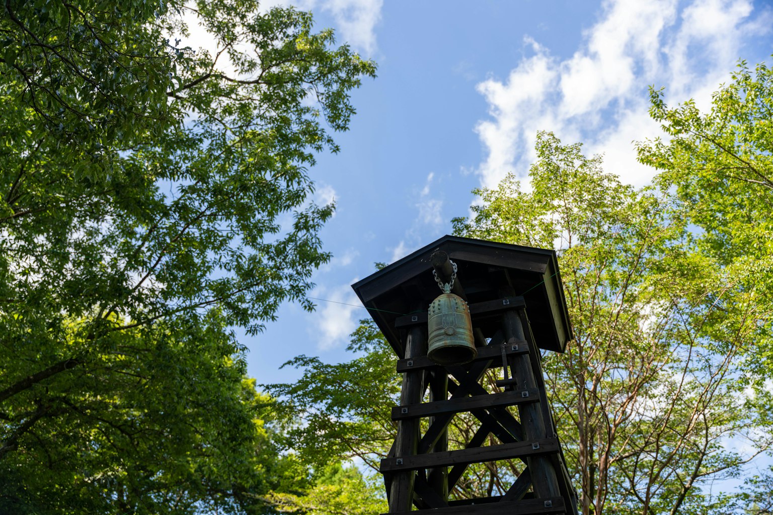 Torre campanaria in legno circondata da alberi verdi sotto un cielo blu