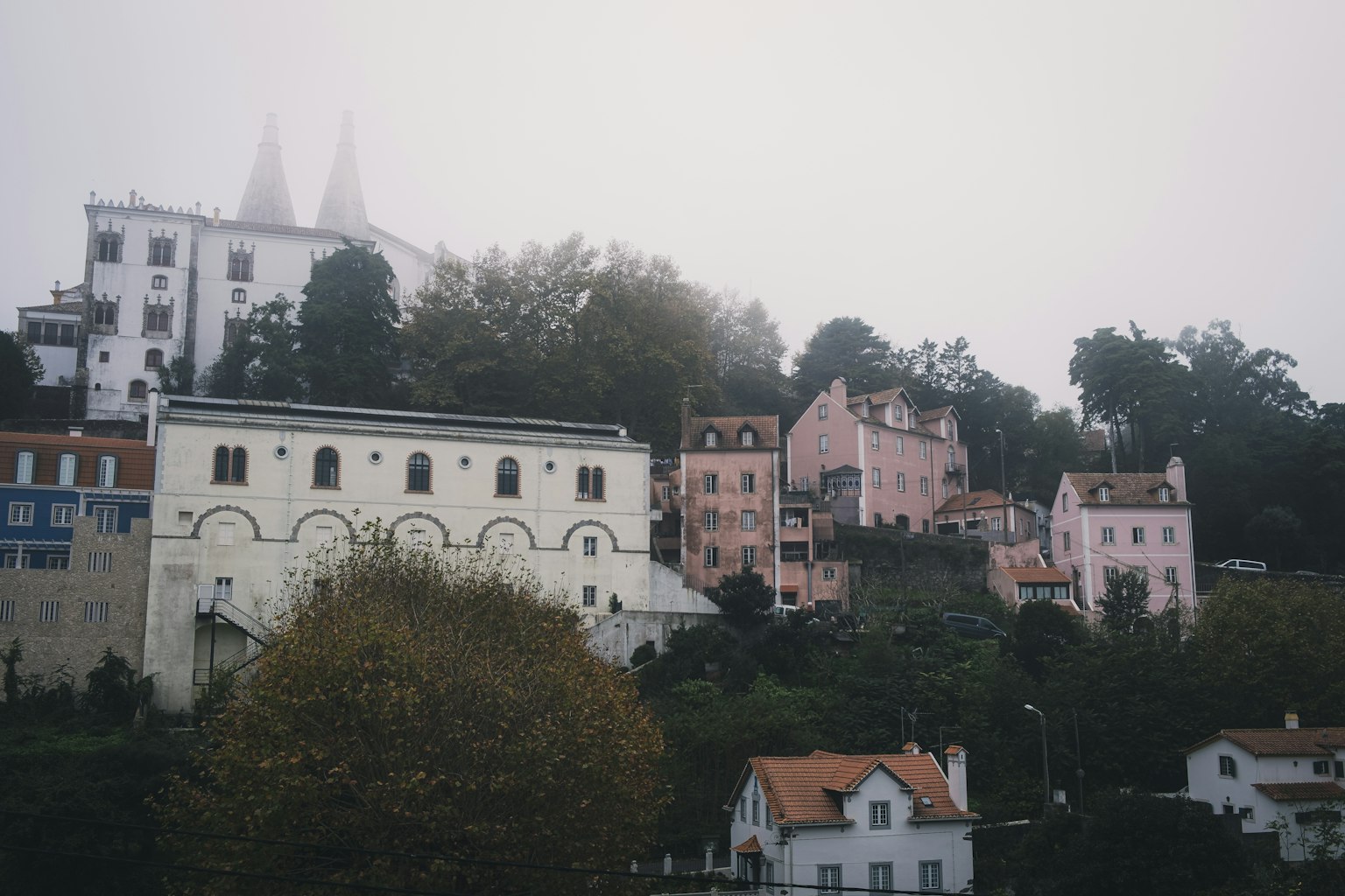 Edificios coloridos y paisaje de colina emergiendo en la niebla