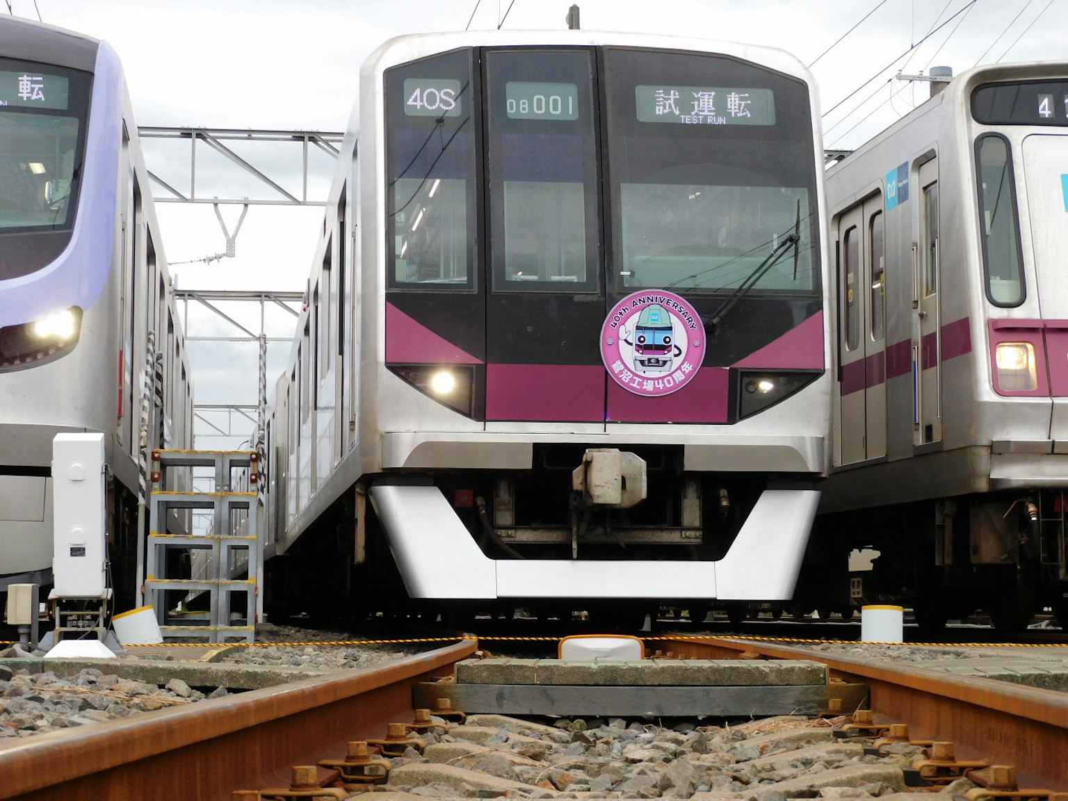 Une scène de plusieurs trains à une gare avec un design rose sur le train de devant