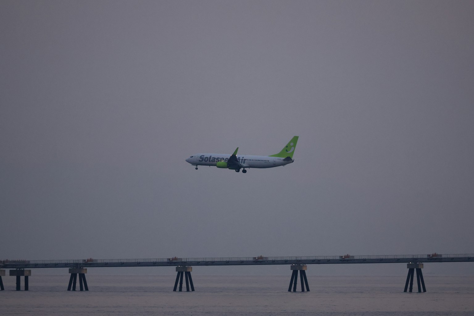 飛機在灰色天空中飛越橋樑