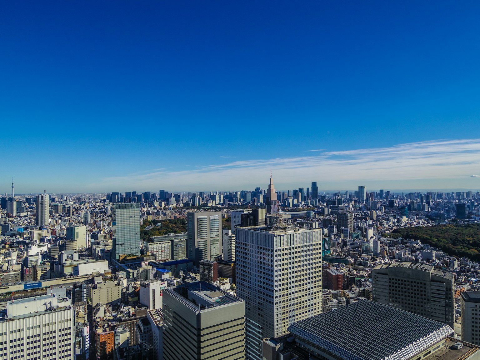 Panoramic view of Tokyo skyline with skyscrapers and blue sky