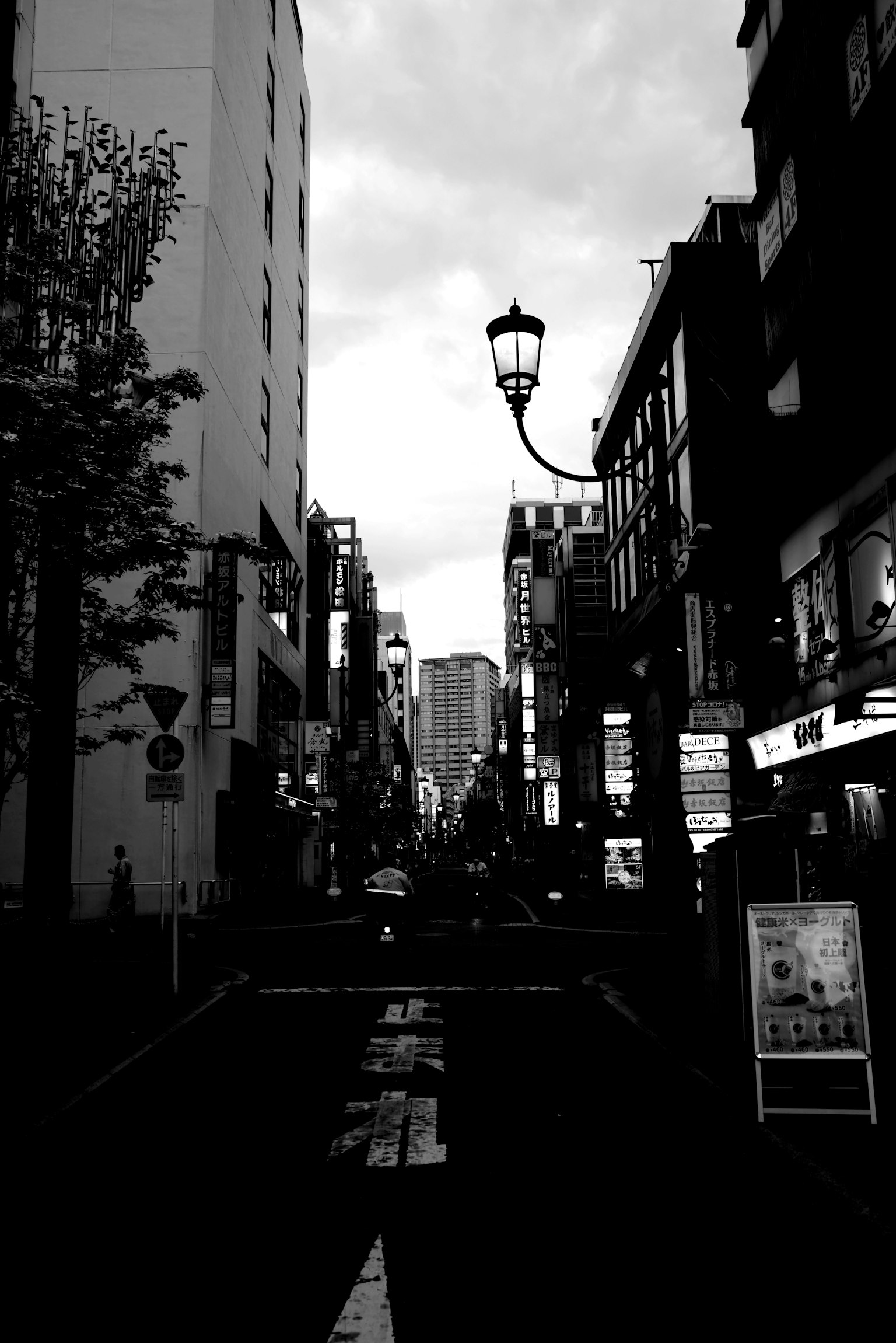 Black and white street scene featuring a lamp post and tall buildings