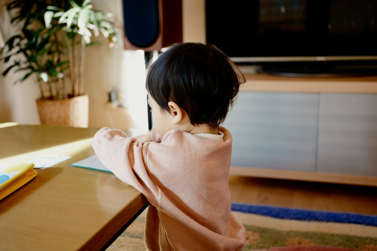 Ein Kind steht vor einem Tisch in einem Raum mit Pflanzen und einem Fernseher im Hintergrund
