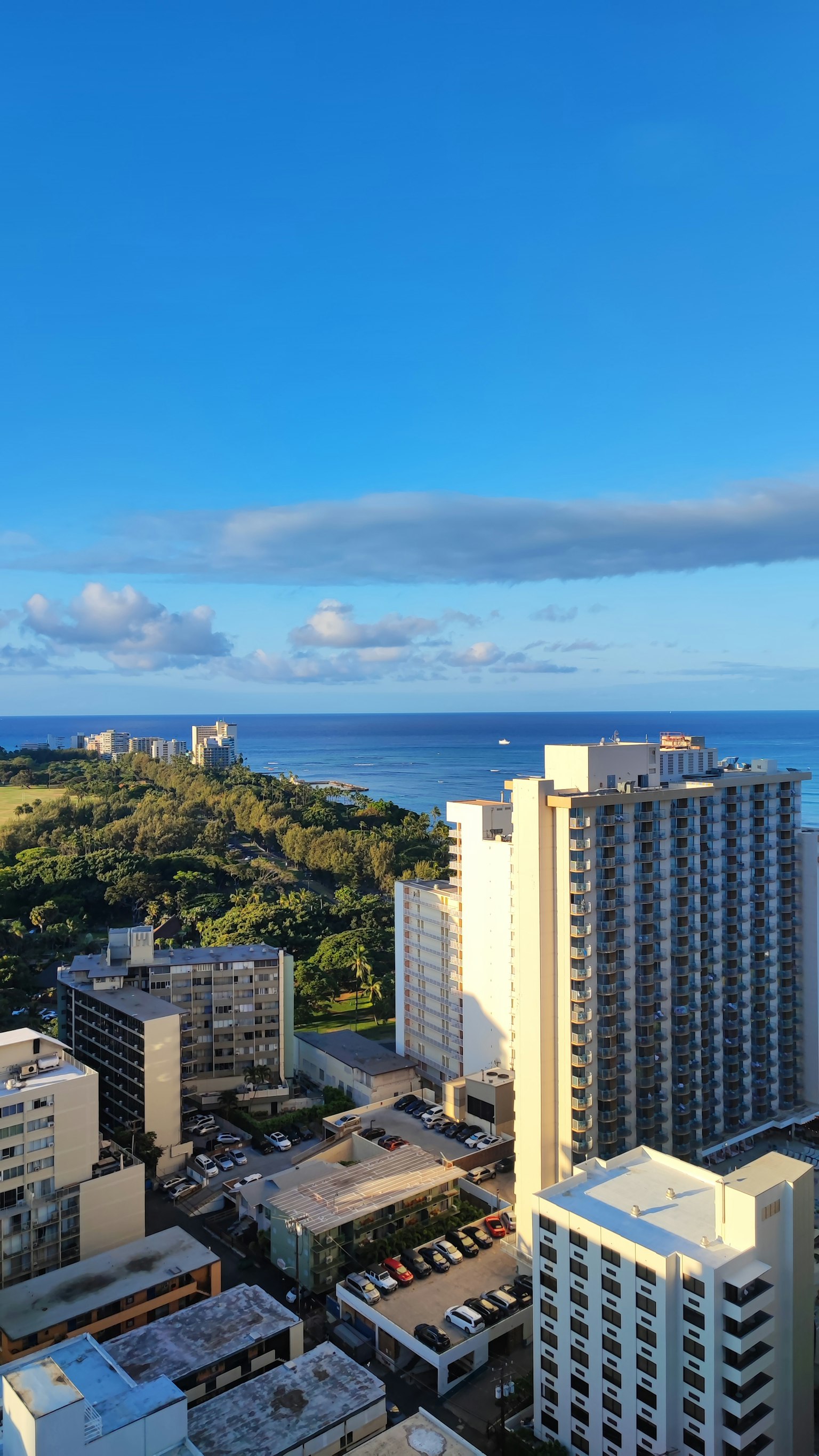 Pemandangan udara gedung tinggi dan lautan di Hawaii