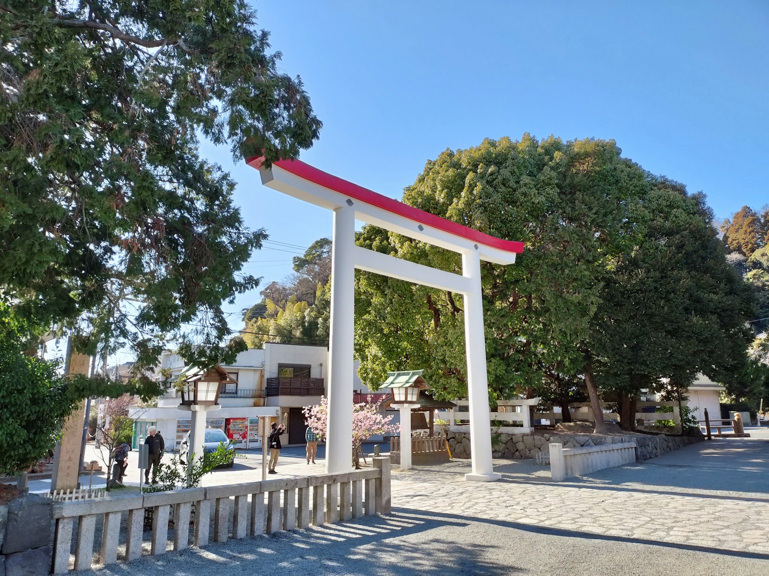 Weißes Torii mit rotem Dach am Eingang eines Schreins umgeben von Bäumen