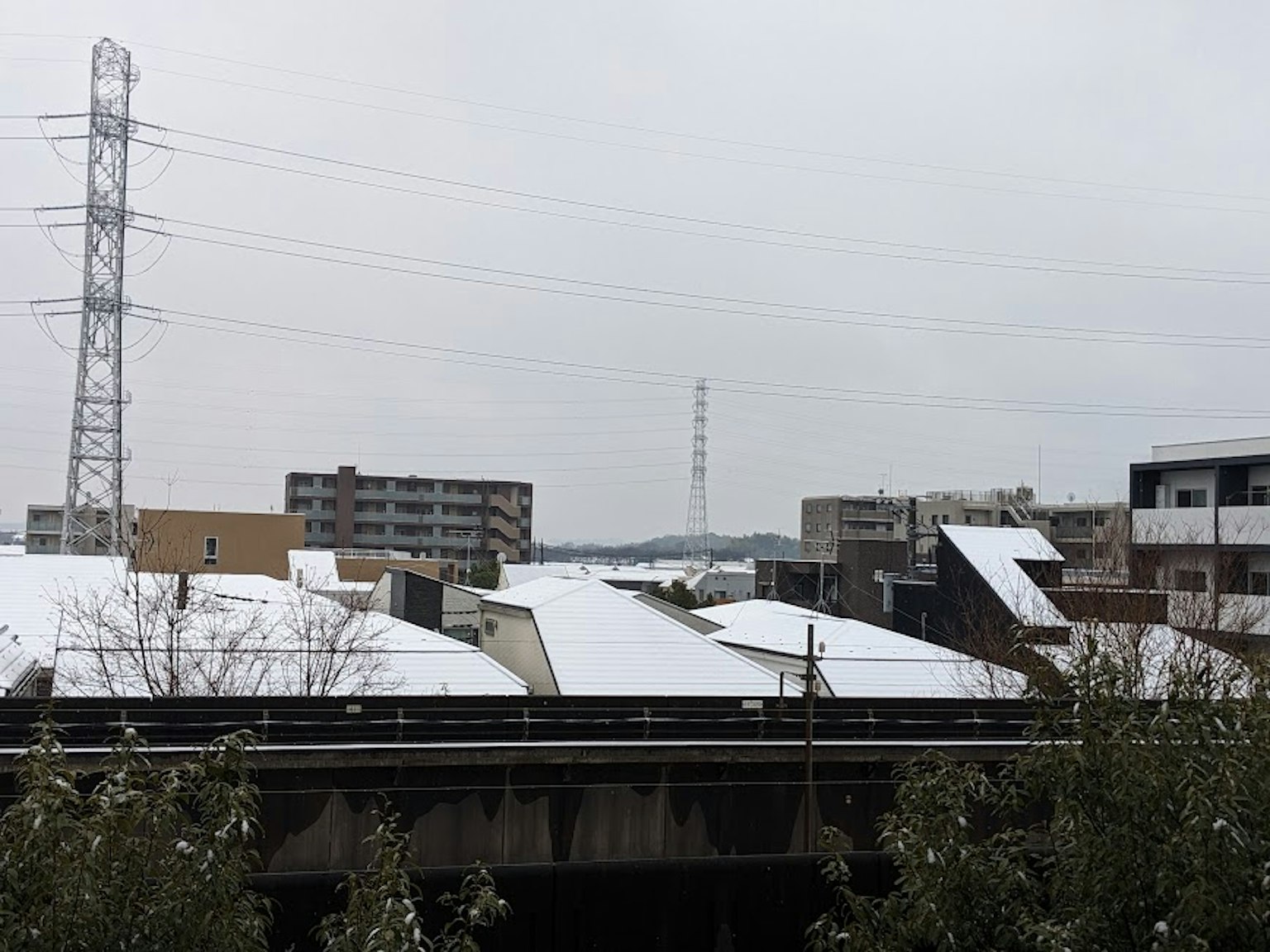 Snow-covered rooftops and cityscape with power lines
