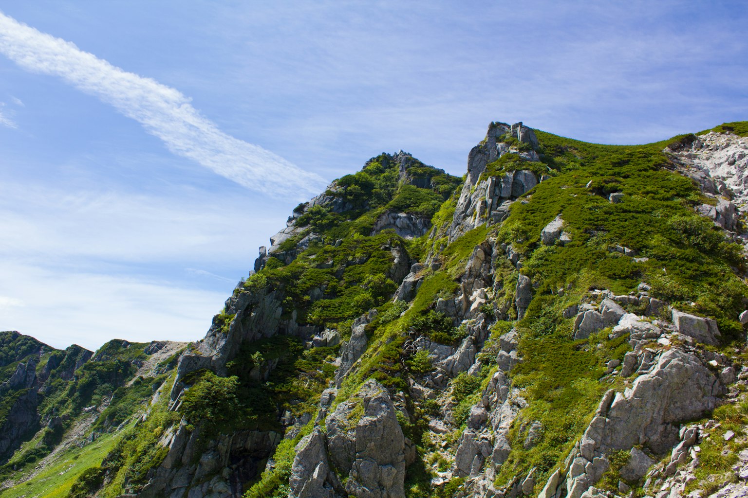 Ladera montañosa verde con cielo azul claro