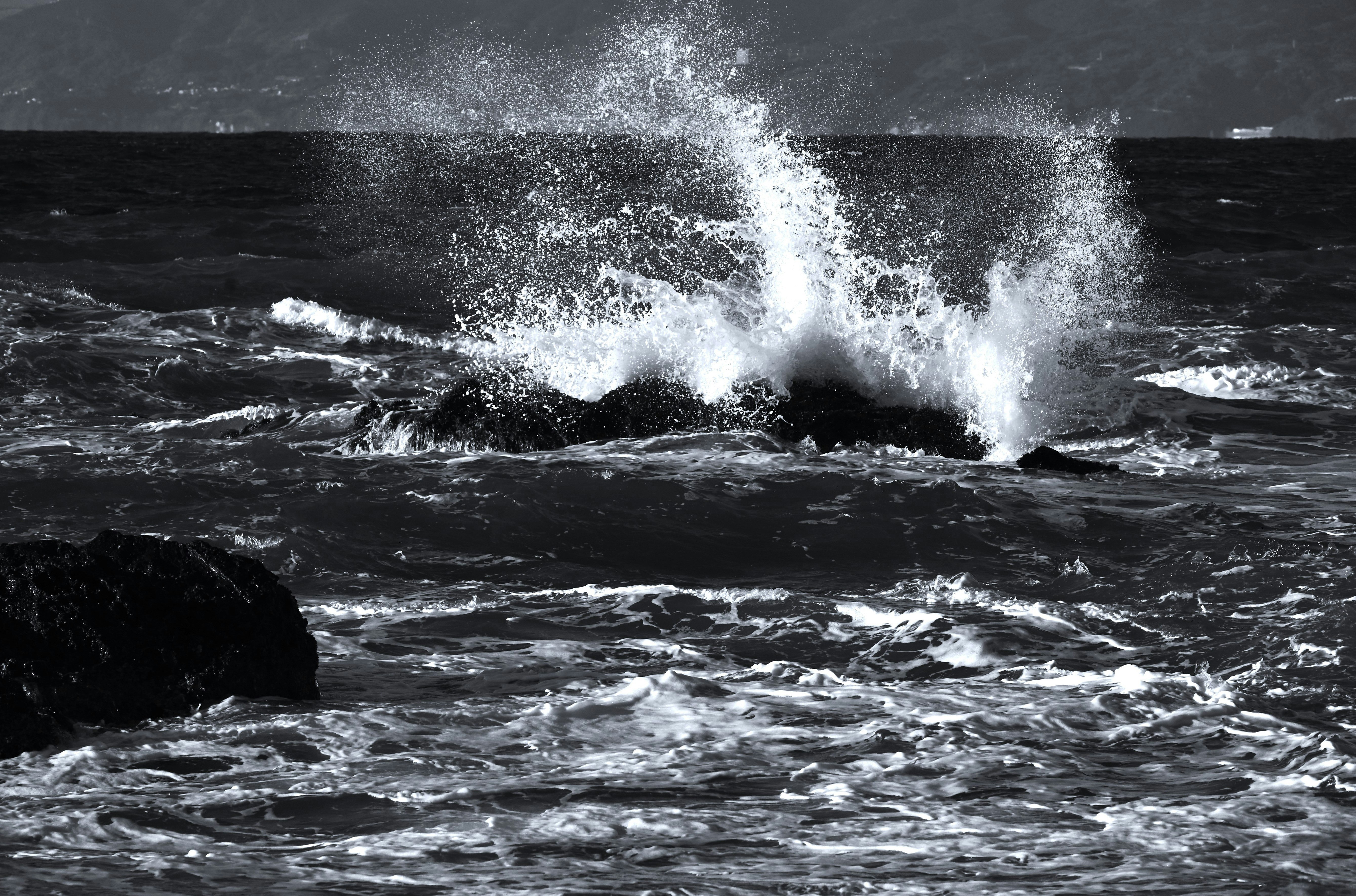 Onde dell'oceano in bianco e nero che si infrangono contro le rocce