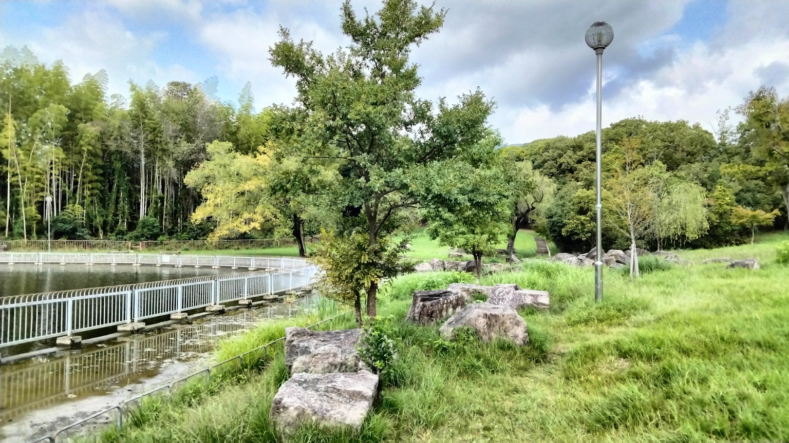 Paisaje de parque con hierba verde árboles un estanque con un puente y rocas dispersas