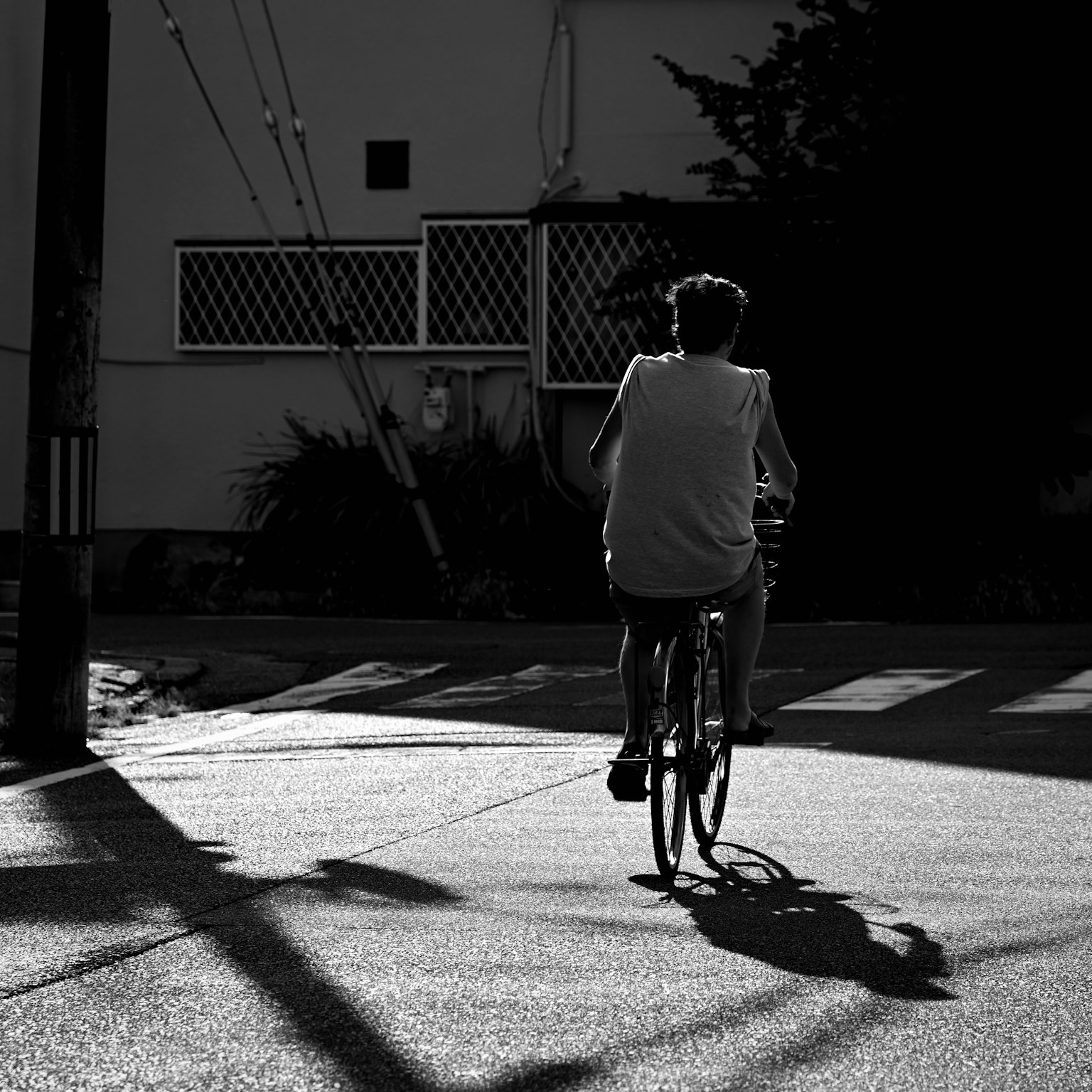 自転車に乗る人のシルエットが夕暮れの街を走る