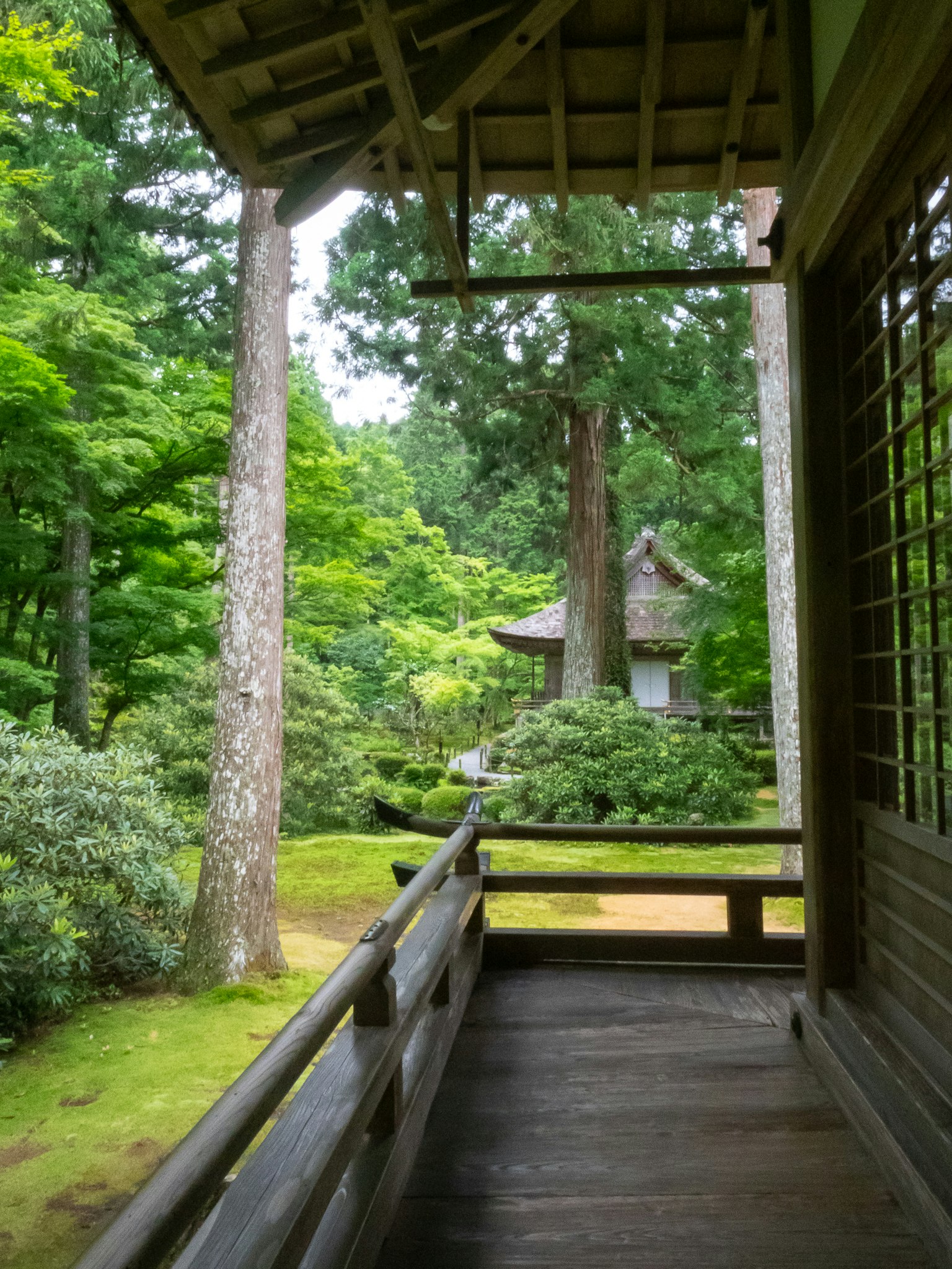 Holzterrasse mit Blick auf einen ruhigen japanischen Garten mit üppigem Grün
