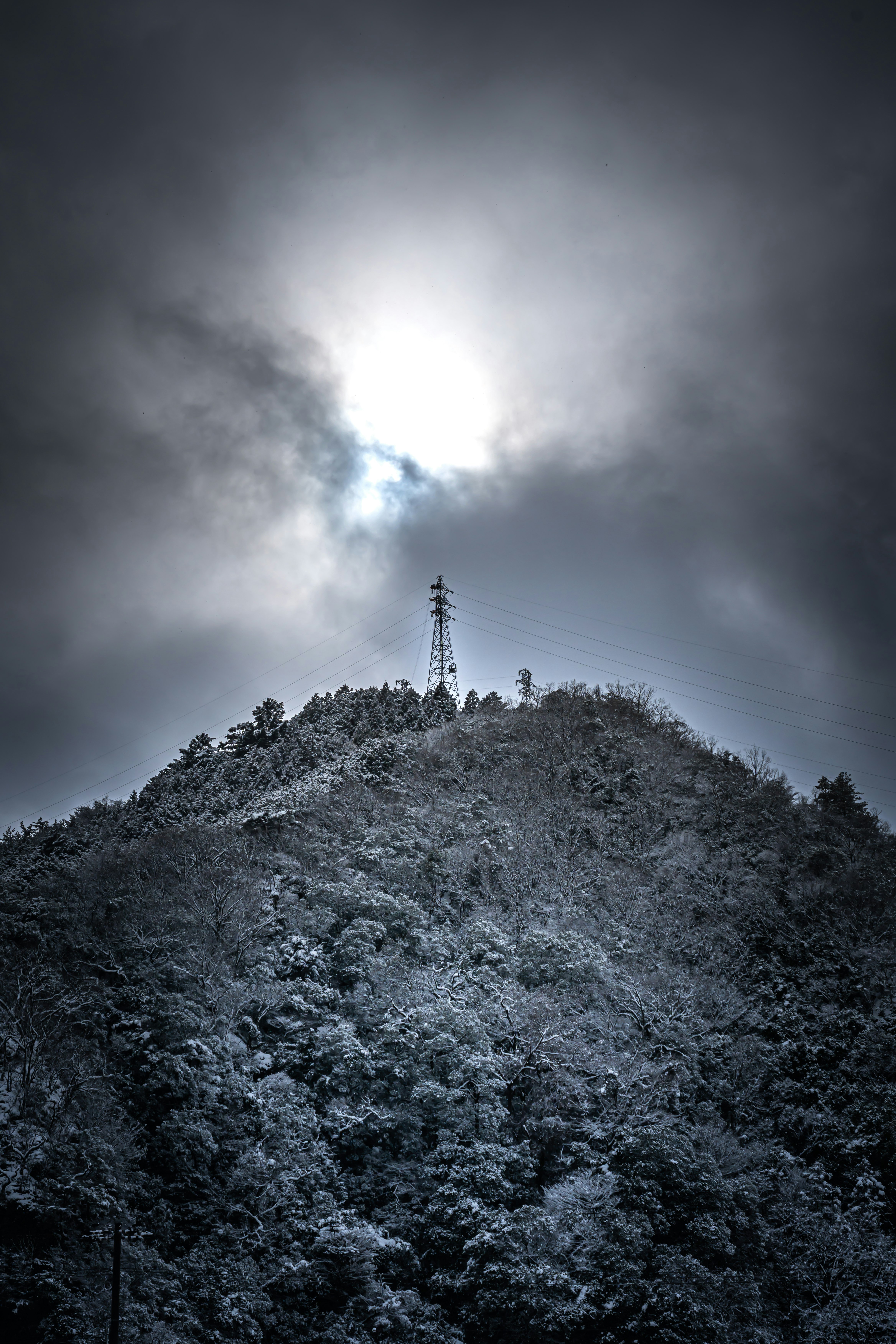 雪の降る山頂の展望と雲間の光